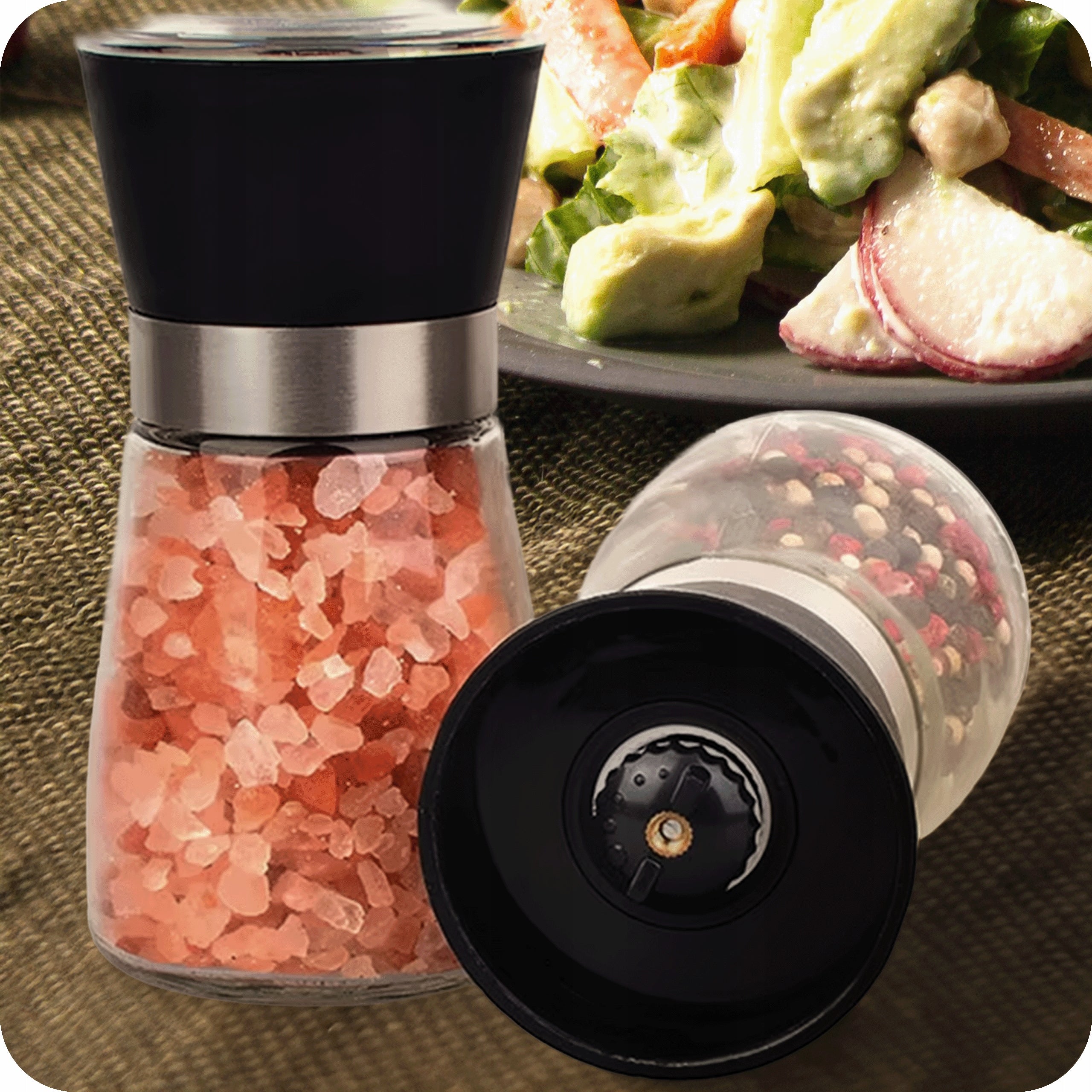 PEPPER AND SPICE SALT GRINDER GLASS GRINDING ADJUSTMENT SET OF 2 Packaging status original