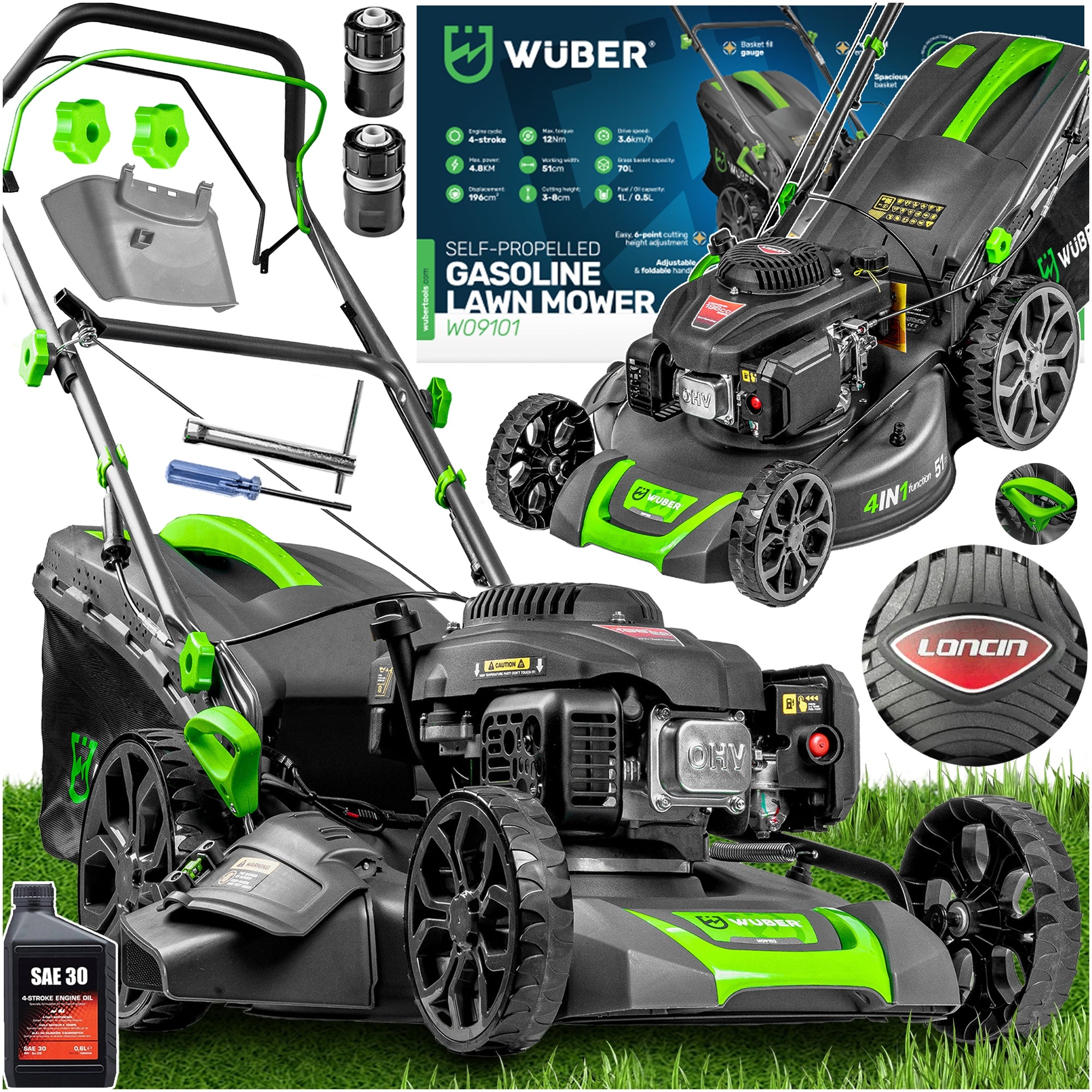 PETROL LAWN MOWER OHV LONCIN WITH DRIVE MULCHING 51CM 70L +OIL