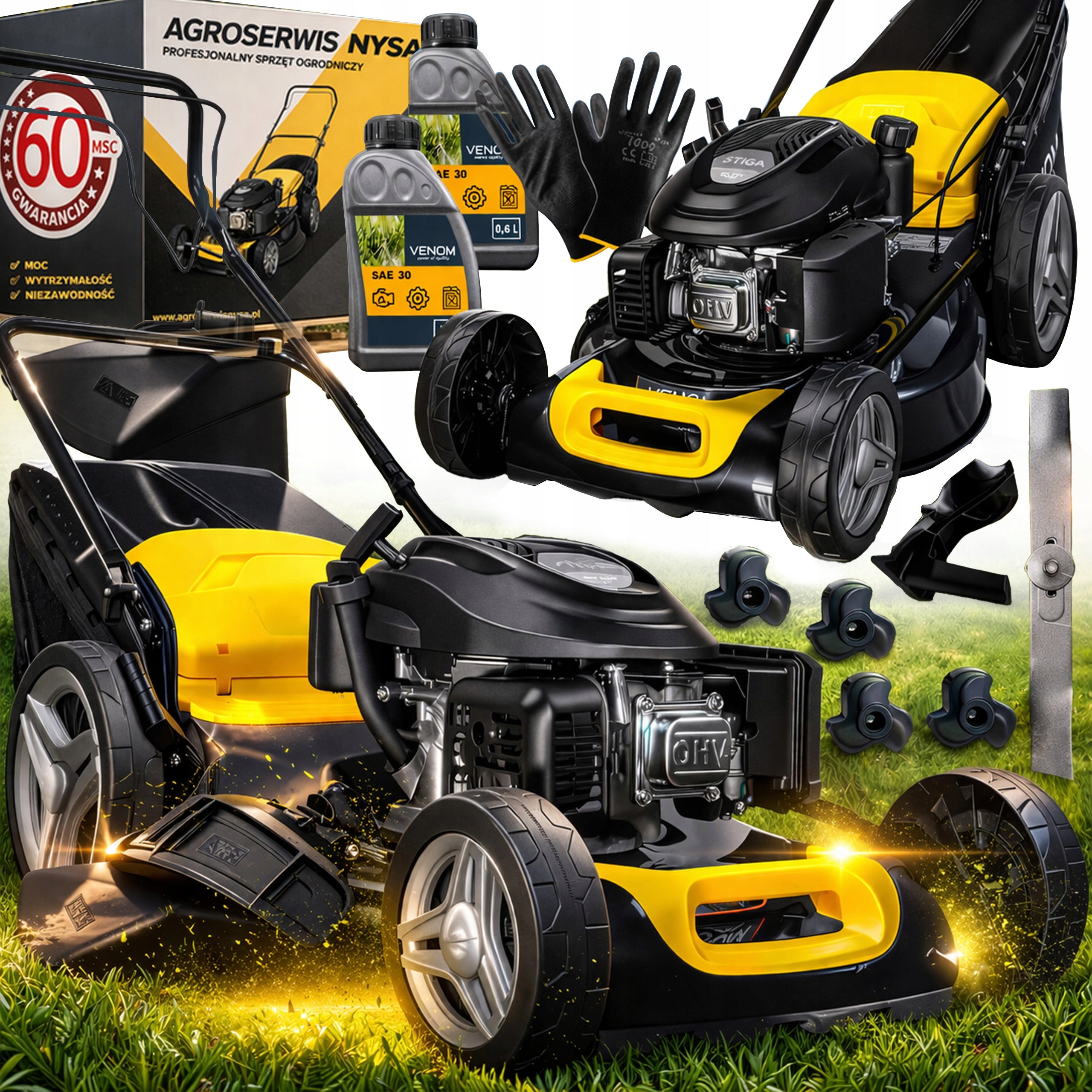 PETROL MOWER VENOM WITH DRIVE 51CM ENGINE STIGA 166CC HIGH GRASS PRO