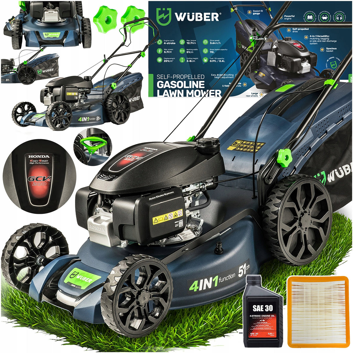 PETROL MOWER WITH DRIVE 5,7KM BASKET 70L REG 30-80 MM ENGINE HONDA +OIL