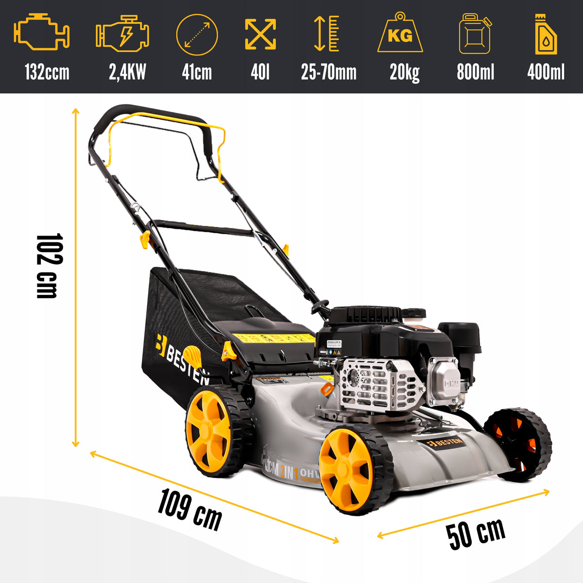 PETROL MOWER WITH GRASS DRIVE POWERFUL ENGINE OHV 41CM + LONCIN OIL Manufacturer code BE-2863_2026