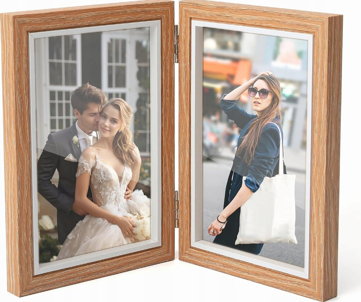 PHOTO FRAME DOUBLE 2X 10X15CM FOLDING WOODEN STANDING OFFICE HOUSE