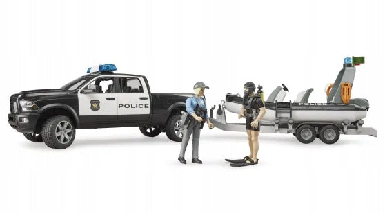 PICK-UP police car + boat on tow truck, two police officers, light-sound module Brand Bruder