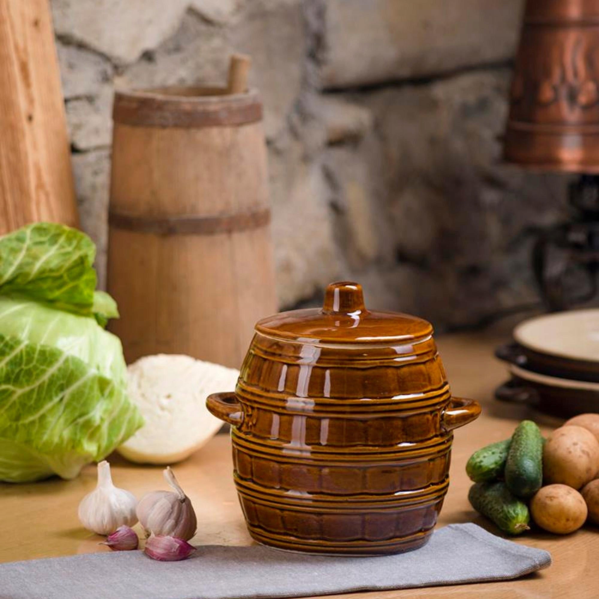 PICKLING BARREL POT FOR CUCUMBERS CABBAGE STONEWARE VEGETABLES 3,2L BROWN Color brown