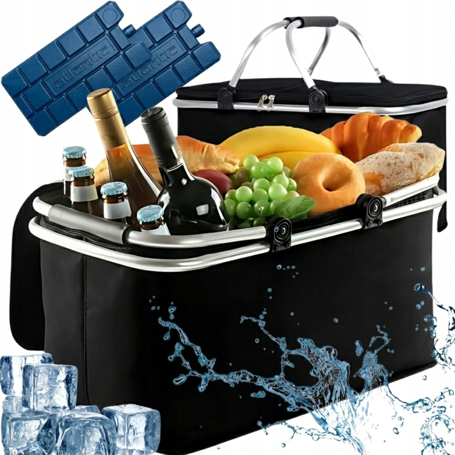 PICNIC BASKET THERMAL FOLDING SHOPPING BASKET + 2 COOLING INSERTS
