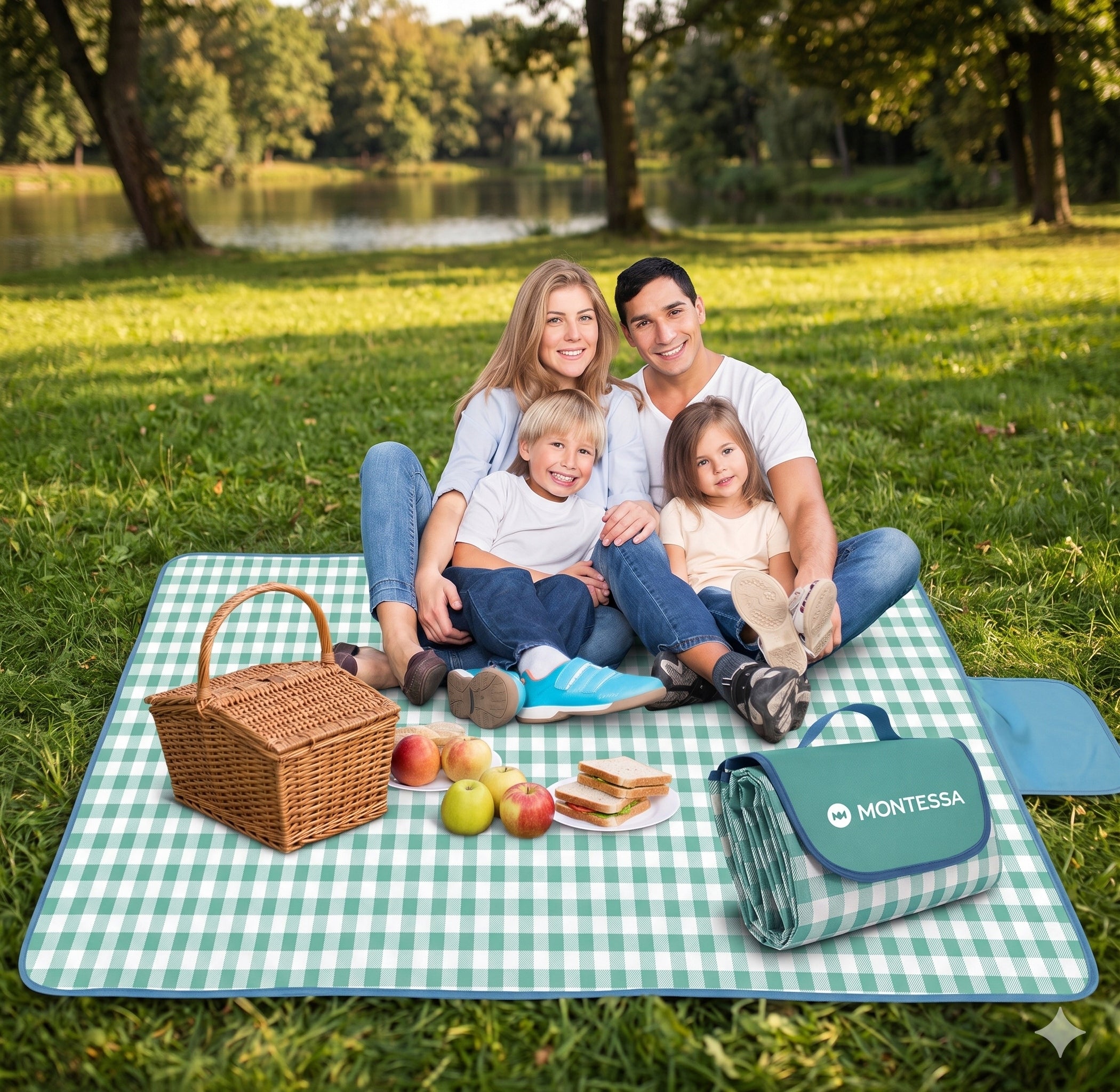 PICNIC BLANKET 200X200 BEACH WITH INSULATION LARGE WATERPROOF GREEN MONTESSA Manufacturer code WODOODPORNA MATA PLAŻOWA KOC PIKNIKOWY duży
