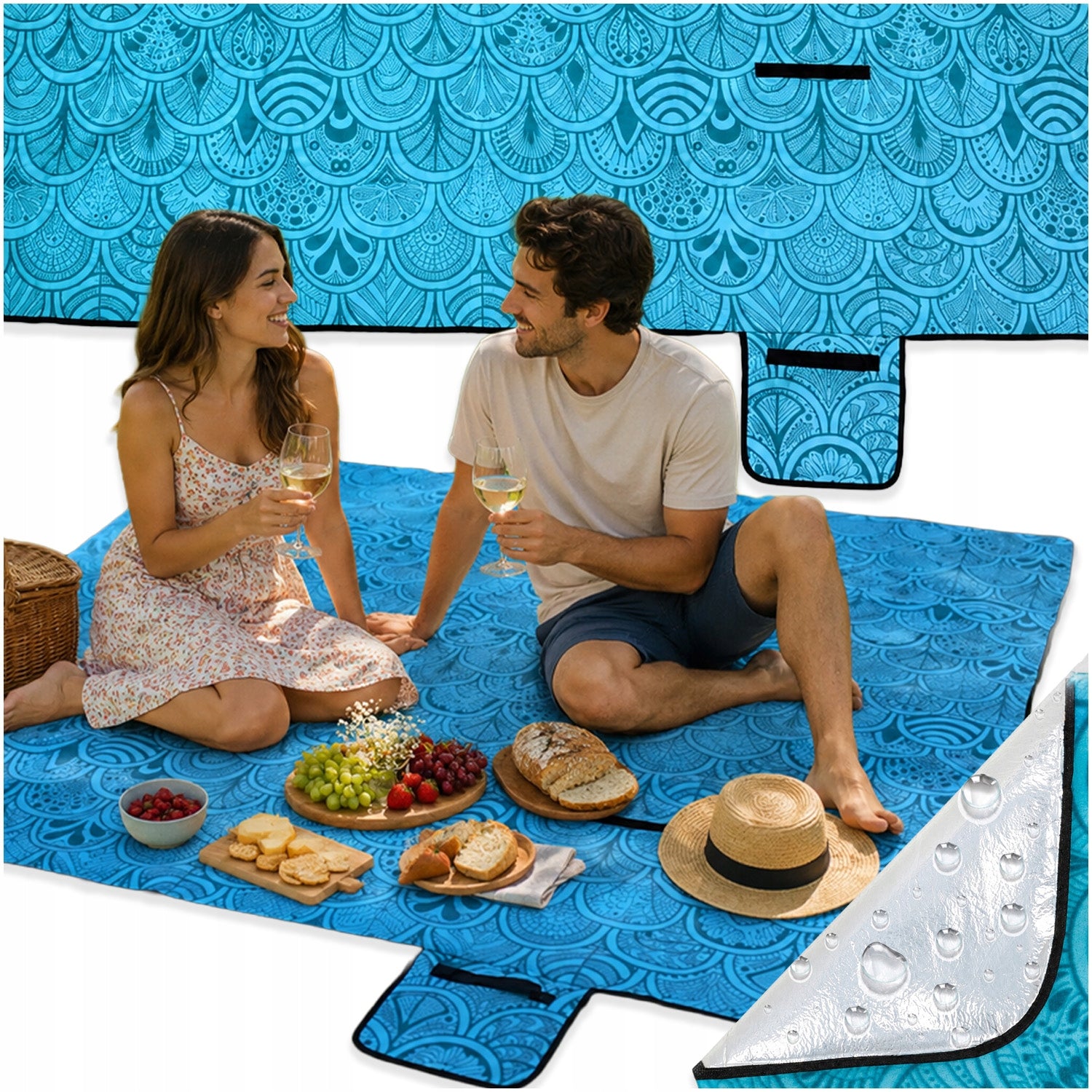 PICNIC BLANKET BEACH MAT WATERPROOF INSULATION 200x200 BLUE FOLDING
