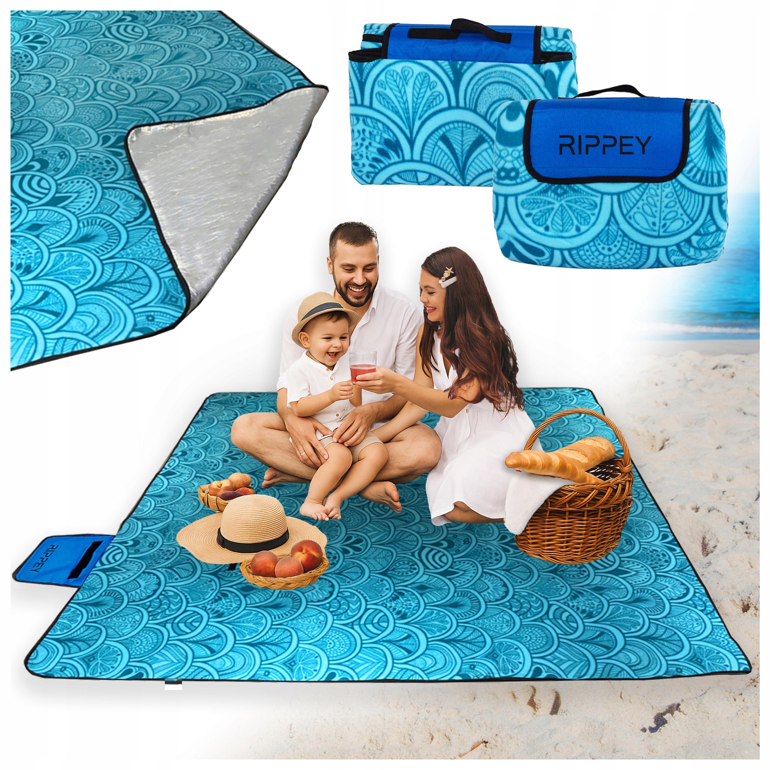 PICNIC BLANKET WATERPROOF BEACH MAT WITH INSULATION SANDY 1A BLUE 2x2