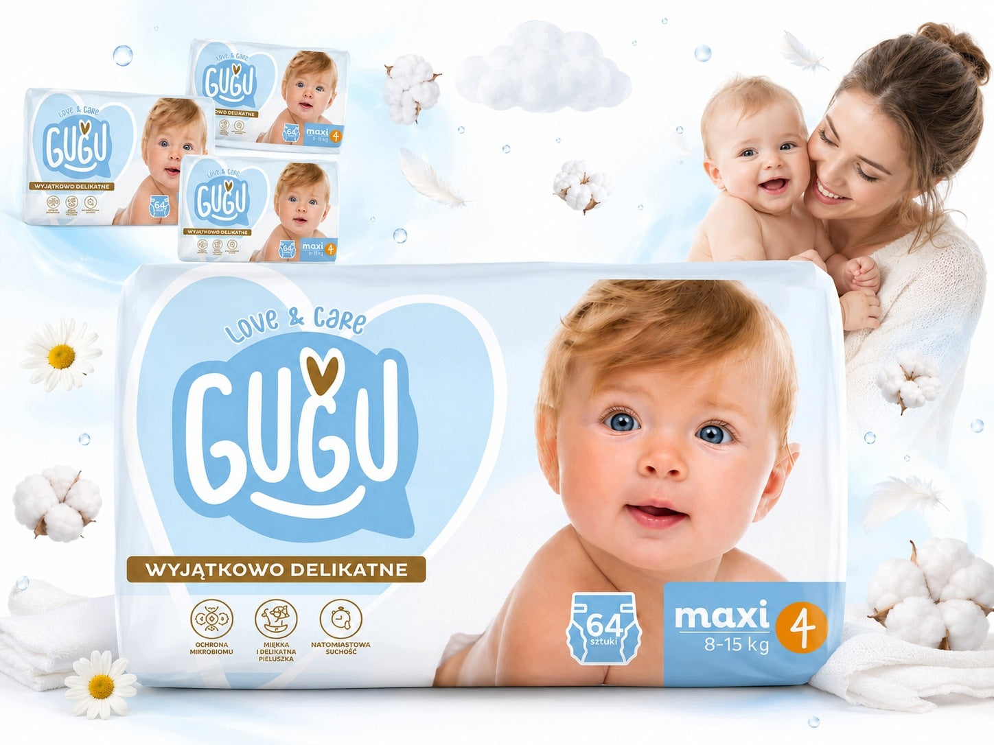 PIELUCHY GUGU LOVE & CARE MAXI 4 8-15 KG 192 SZT. ZESTAW 3x64
