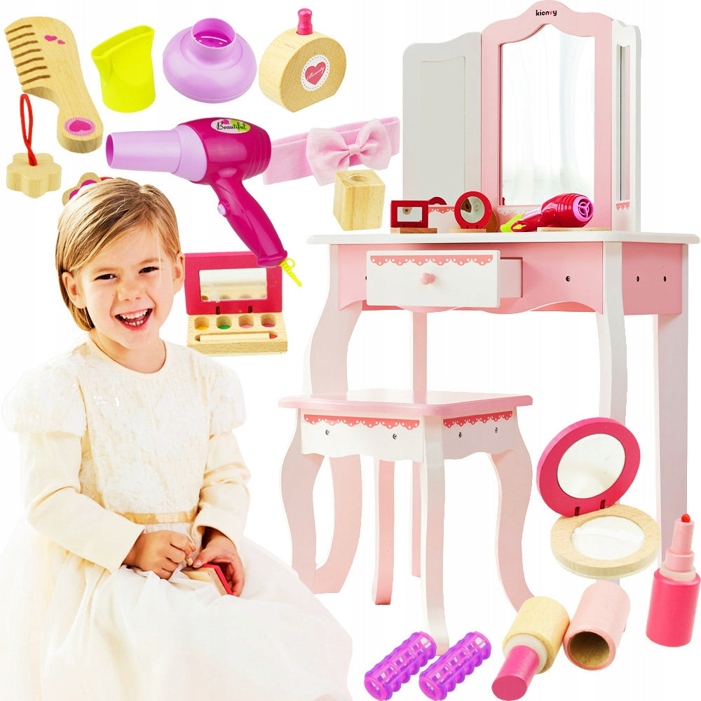 PINK WOODEN DRESSING TABLE TRIPLE MIRROR DRAWER +CHAIR +8 ACCESSORIES
