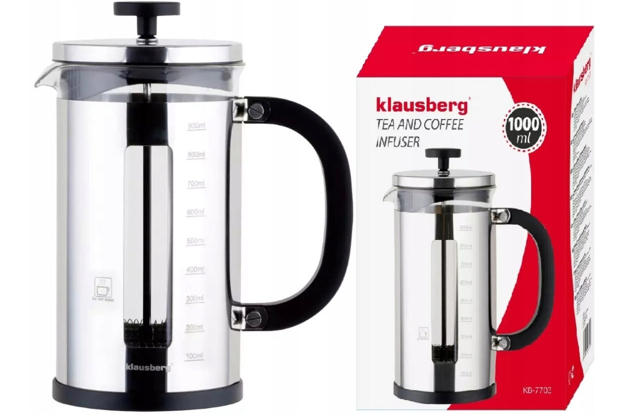 PISTON INFUSER FOR COFFEE TEA HERBS 1000ml STEEL + GLASS KLAUSBERG Packaging status original
