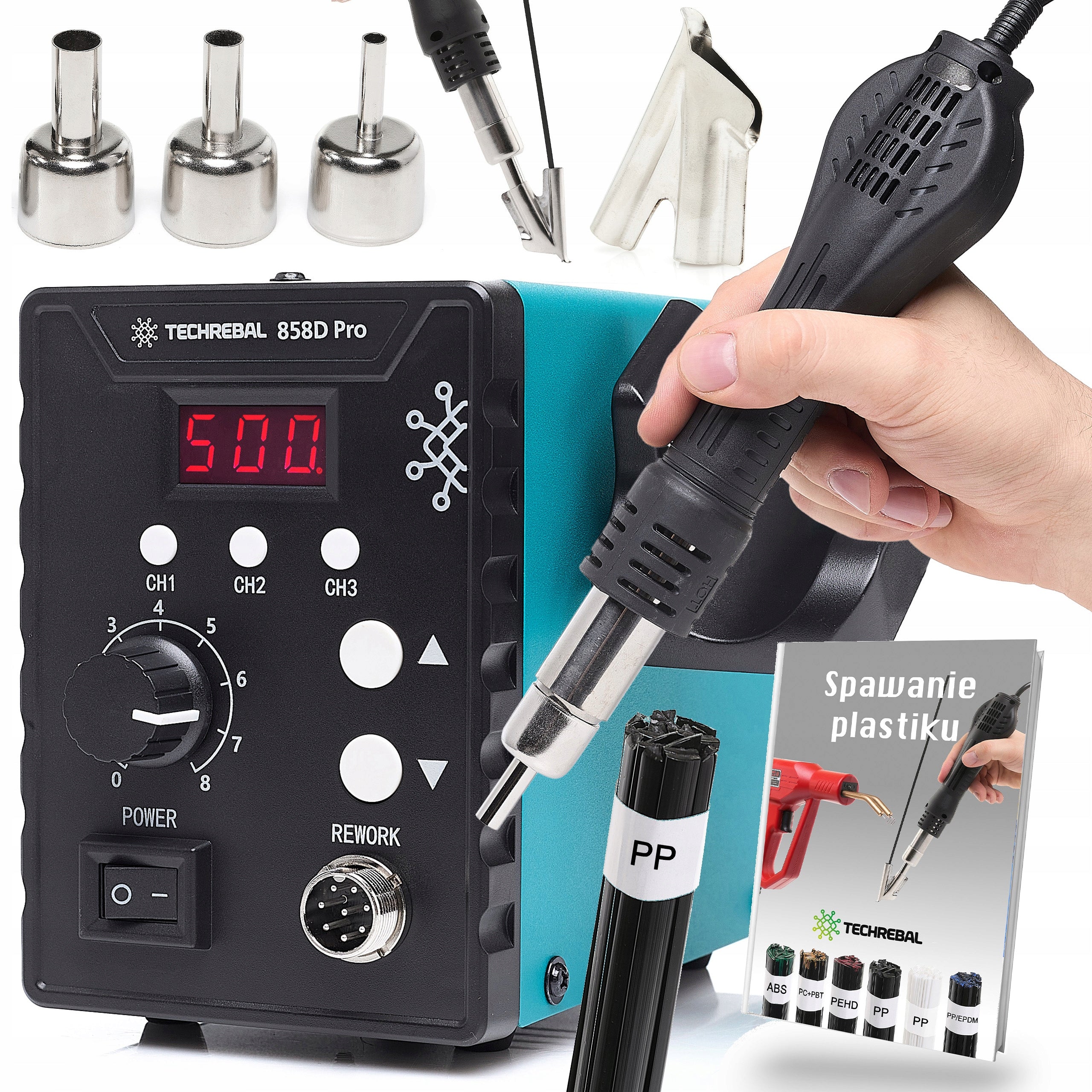 PLASTIC WELDER soldering iron hot air Techrebal 858D Pro nozzle BUT 3 memory