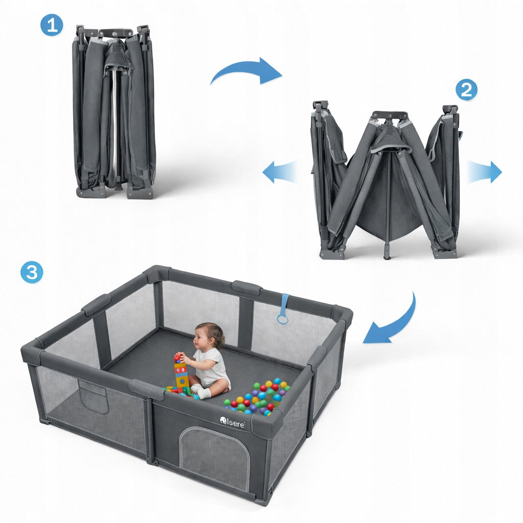 PLAYPEN FOR CHILDREN FOLDING PREMIUM 150x180 MAT BALLS BASKET QUICK FOLDING Manufacturer code KOJEC ISERE PREMIUM SKŁADANY 150x180 SZARY