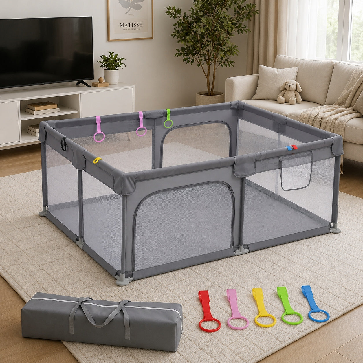 PLAYPEN FOR CHILDREN WITH MESH and basket grey handles fence gate child Brand no brand