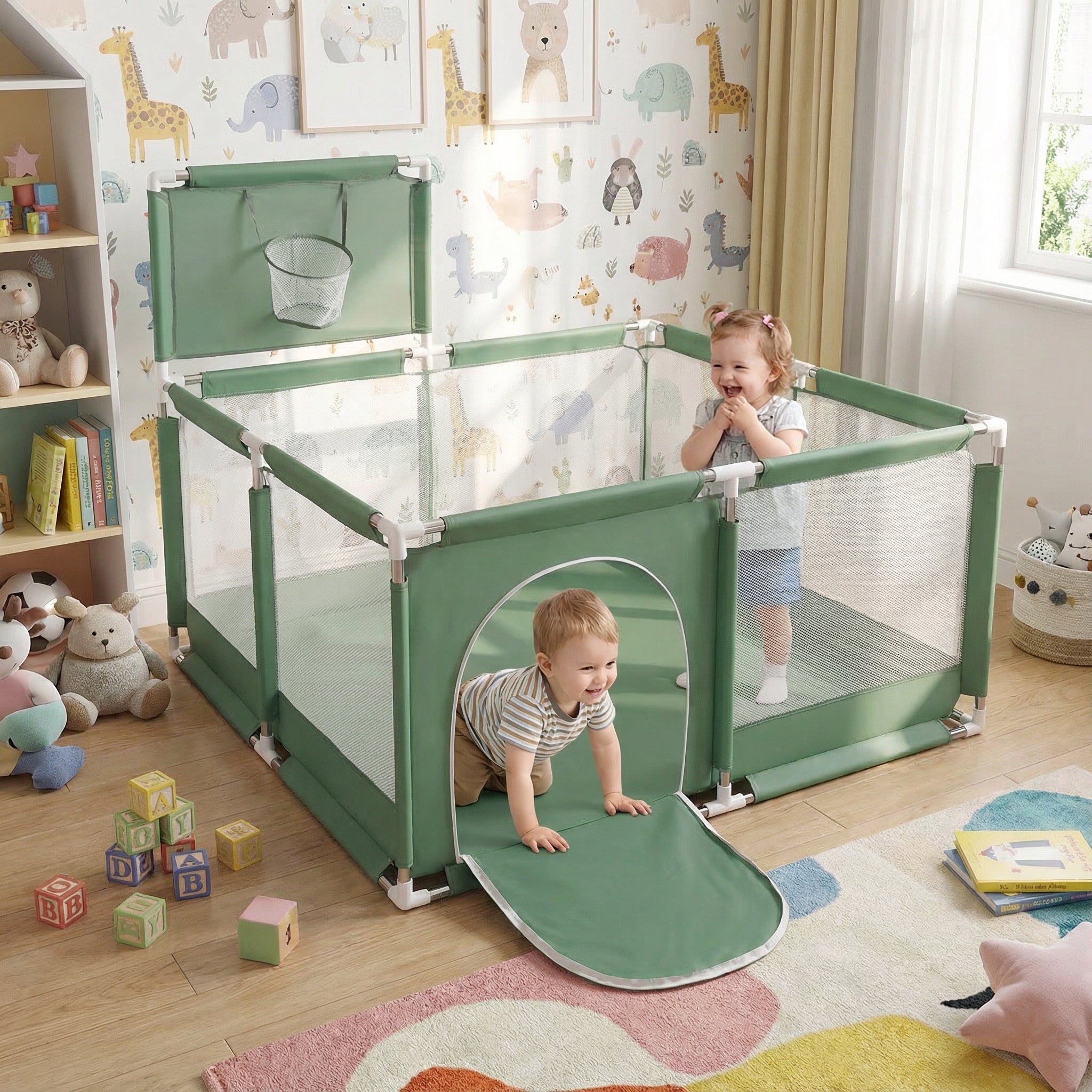 PLAYPEN WITH BASKET DRY POOL FOR CHILDREN SELONIS KK-100X green without balls