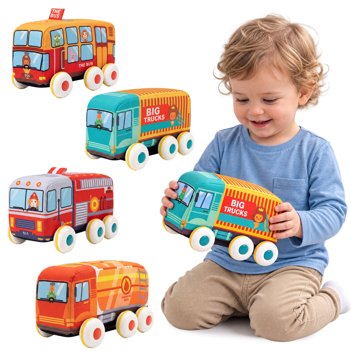 PLUSH SOFT CAR TRUCKS WITH DRIVE SET OF 4