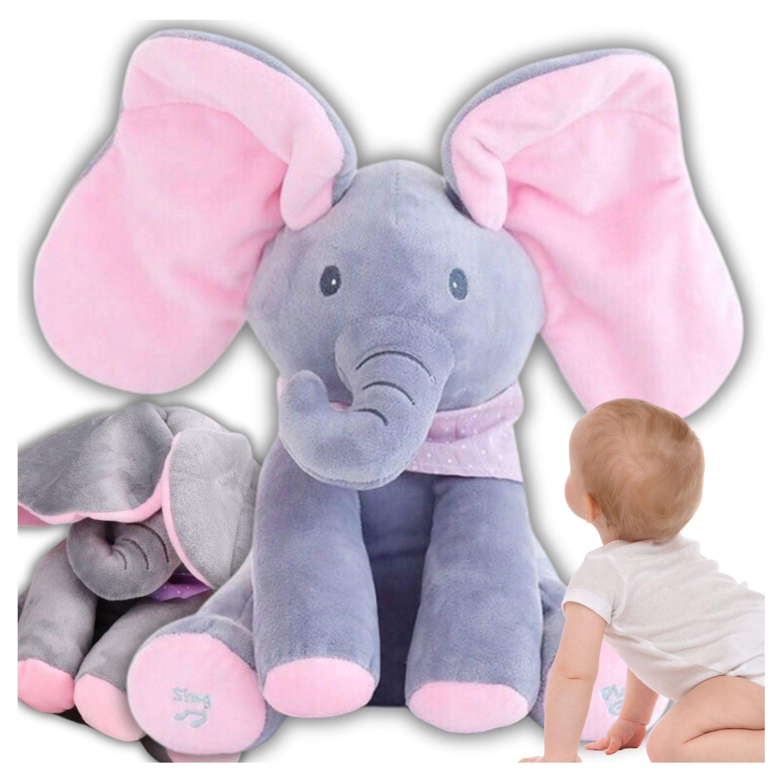 PLUSH TOY ELEPHANT PLAYING SINGING INTERACTIVE PEEKABOO MOVES HIS EARS