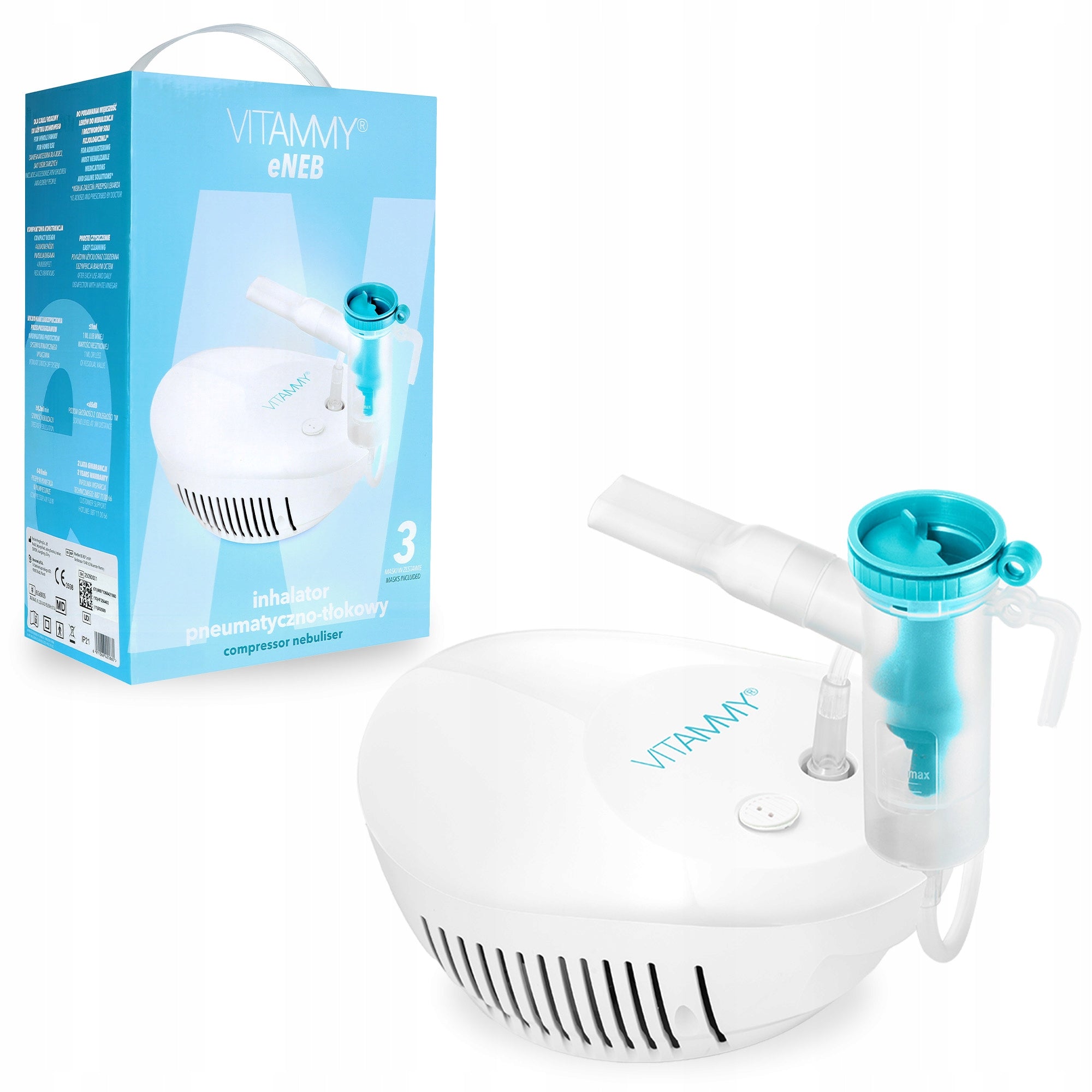 PNEUMATIC PISTON INHALER NEBULIZER 3 MODES VITAMMY ENEB 3 MASKS Packaging status original