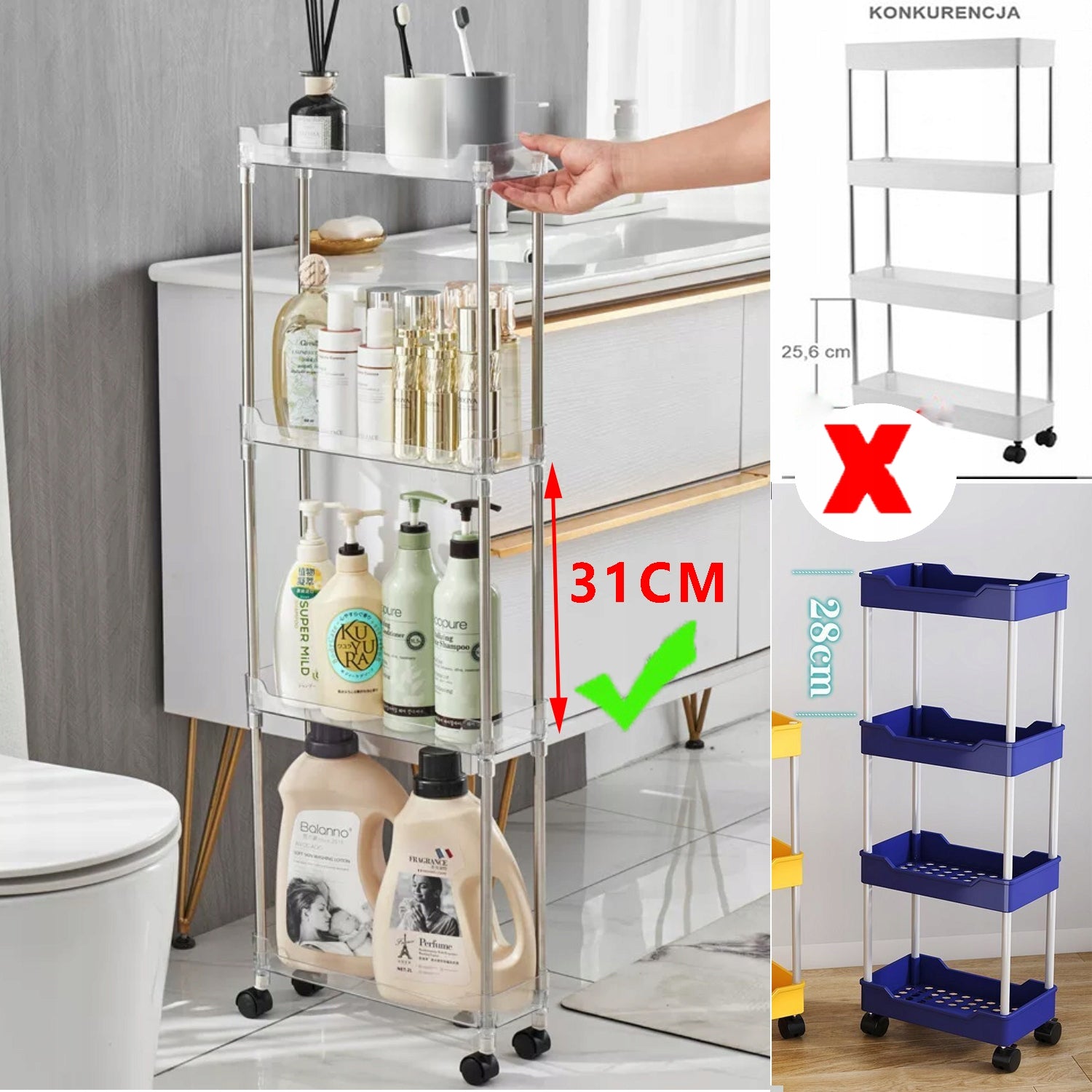 PÓŁKA KUCHENNA ŁAZIENKOWA NA KÓŁKACH 3 POZIOMOWY 9CM MOBILNA REGAŁ SZAFKA EAN (GTIN) 723884417275