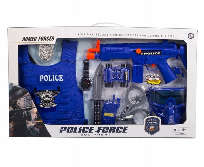 POLICE SET POLICE HANDCUFFS VEST MASK RIFLE BADGE Packaging status original