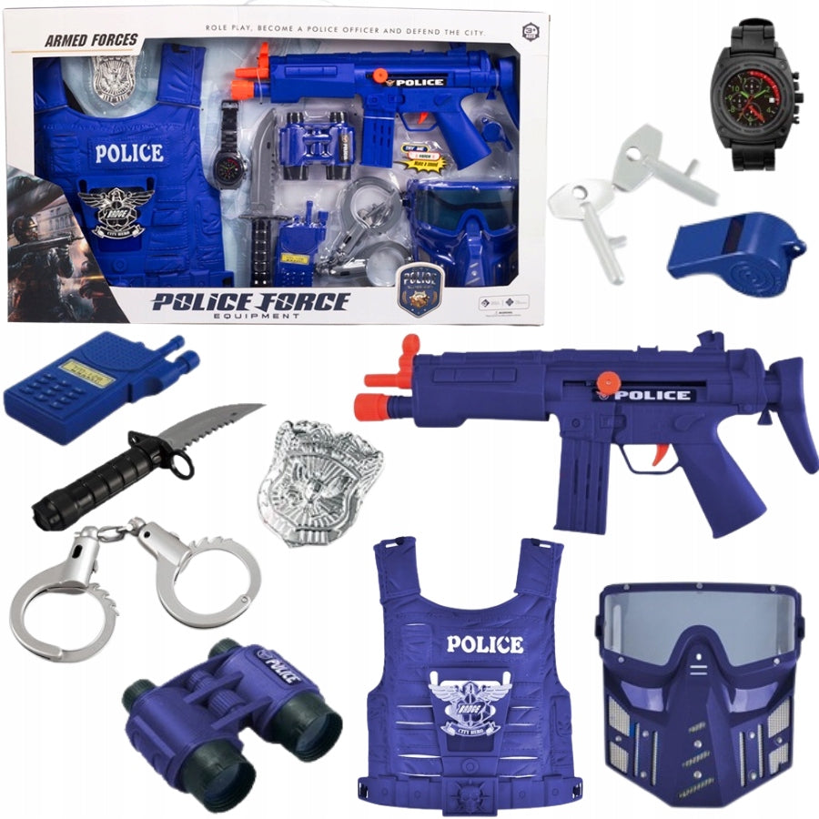 POLICE SET POLICE HANDCUFFS VEST MASK RIFLE BADGE