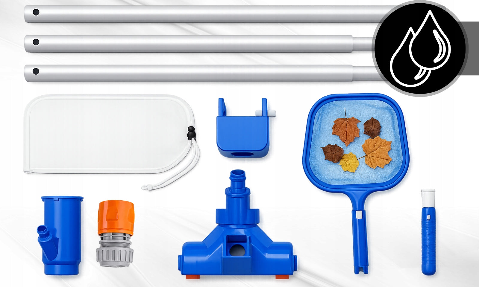 POOL VACUUM CLEANER SET FOR CLEANING THE BOTTOM OF THE POOL EYELETS MESH + STICK 4in1 Manufacturer code ZESTAW DO BASENU siatka odkurzacz basenowy