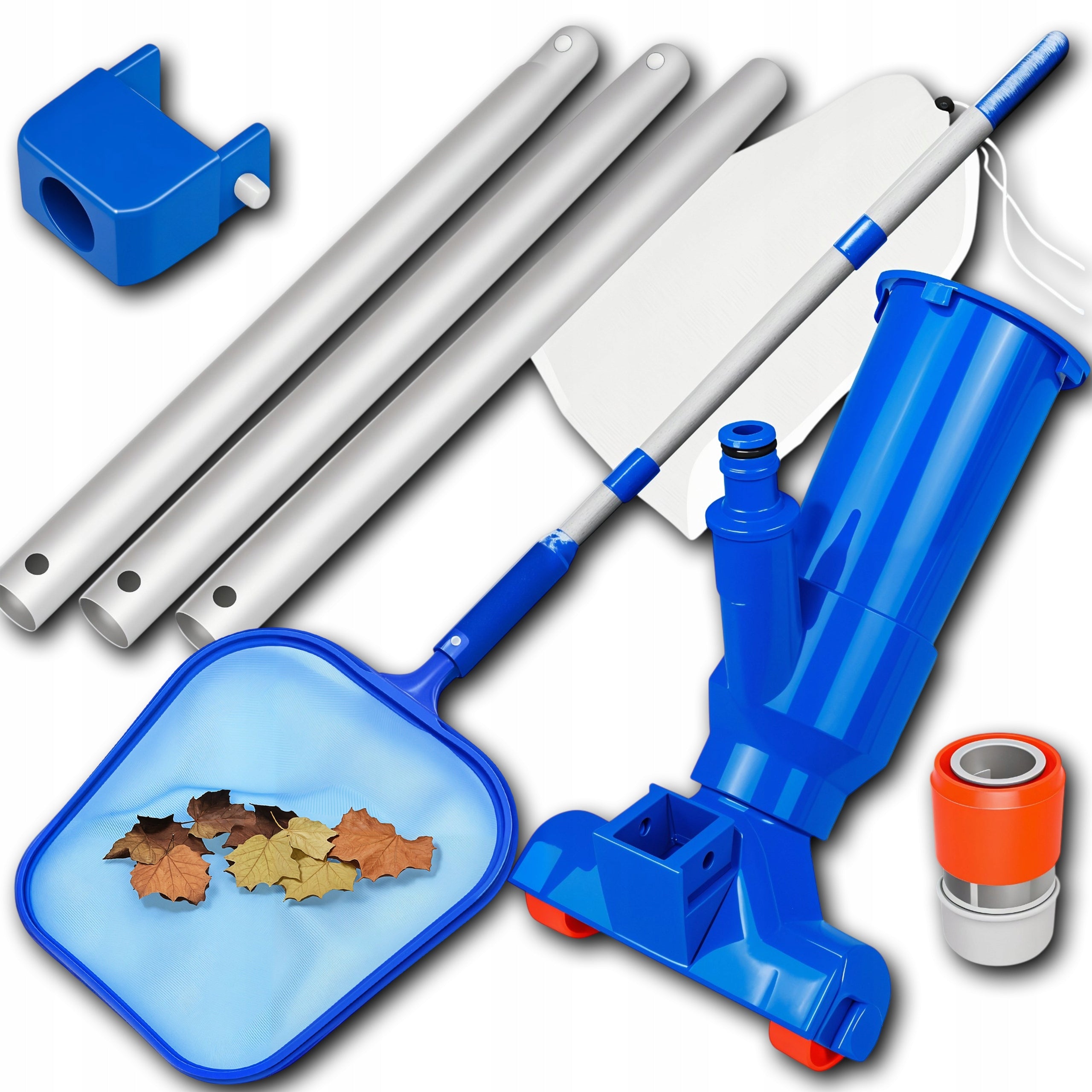 POOL VACUUM CLEANER SET FOR CLEANING THE BOTTOM OF THE POOL EYELETS MESH + STICK 4in1
