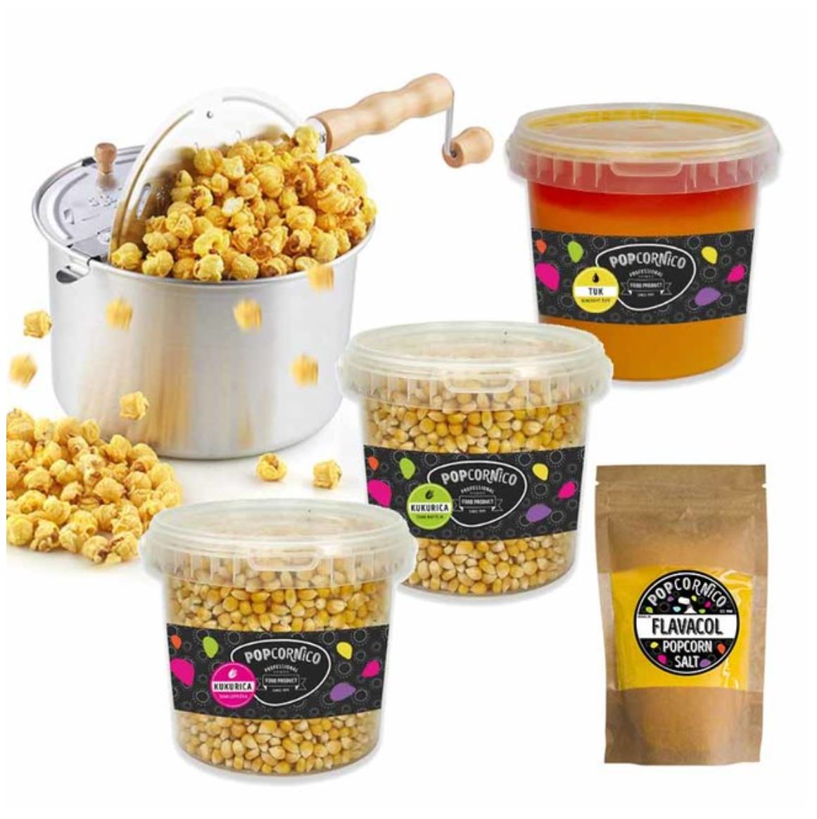 POPCORN Set - Whirley Pop ALU Pot, Corn, Salt, Fat
