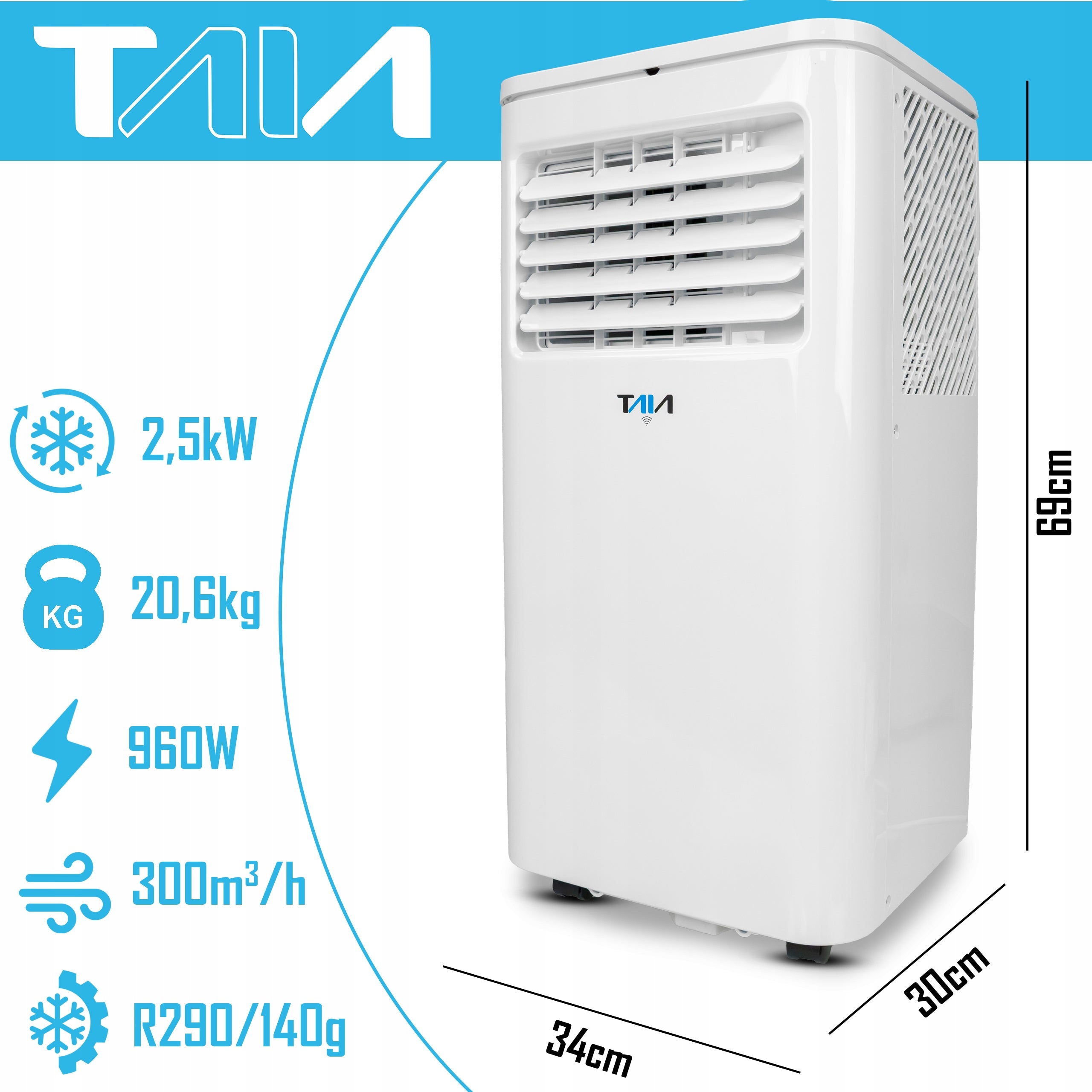 PORTABLE AIR CONDITIONER 2,50kW QUIET WIFI DEHUMIDIFIER LED TURBO COOLING XXXL Manufacturer code TAI-39PL 2025
