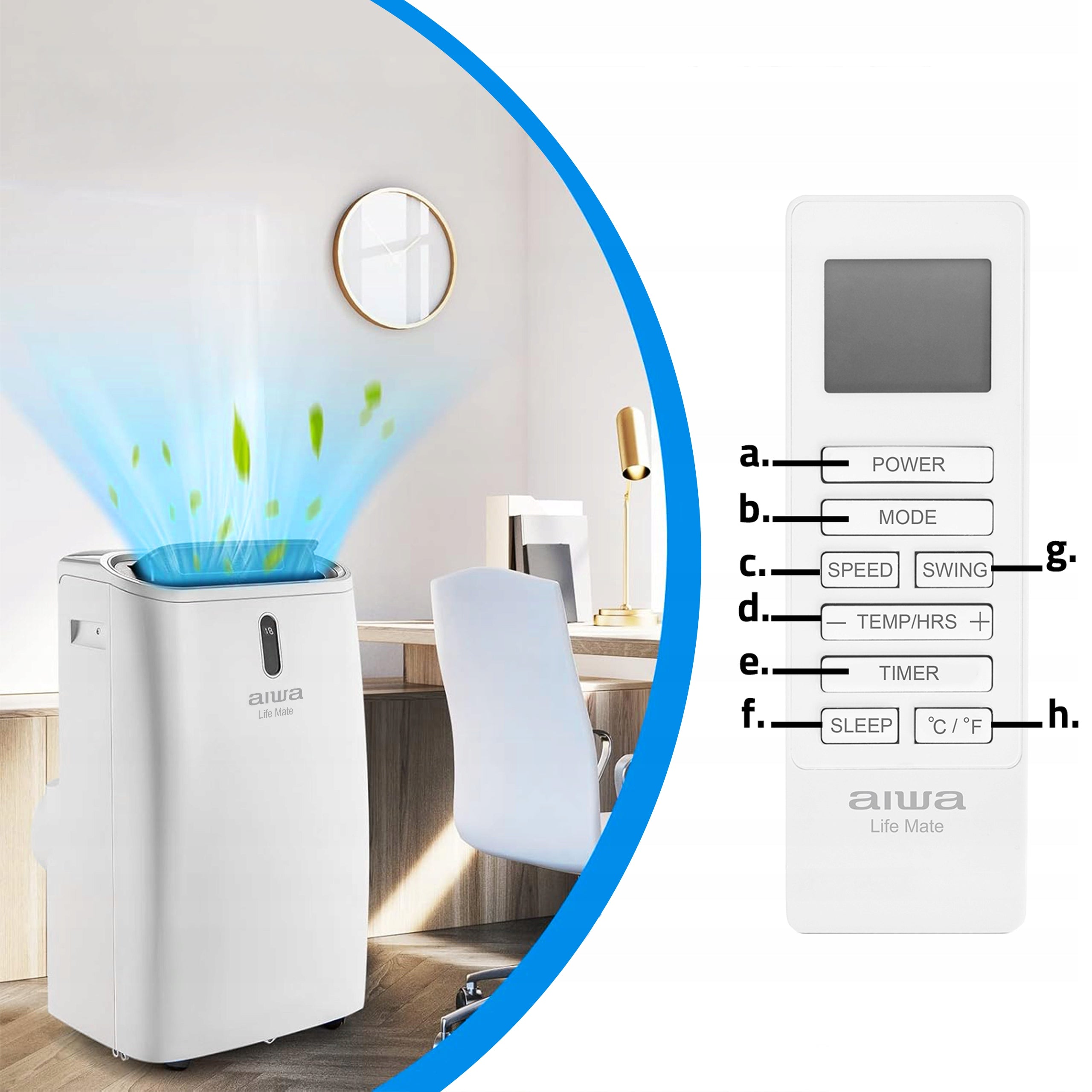 PORTABLE AIR CONDITIONER 3,5kW DEHUMIDIFIER Heating 60L/24H 55m2 AIWA 4in1 +WiFi Control manual with the remote control
