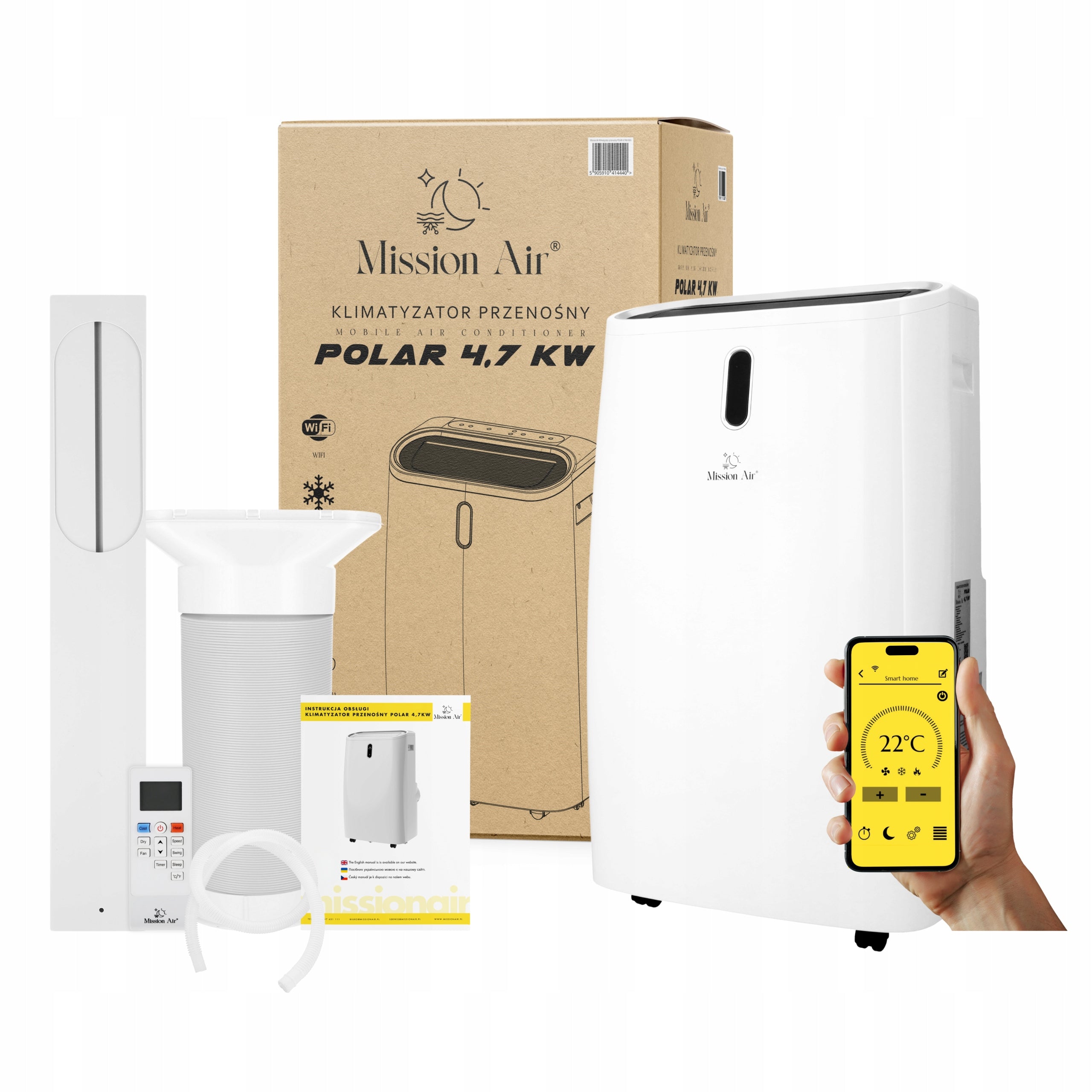PORTABLE AIR CONDITIONER Mission Air 4,7kW dehumidifier 50L +HEATING +SWING +WiFi Heating power 3300 W