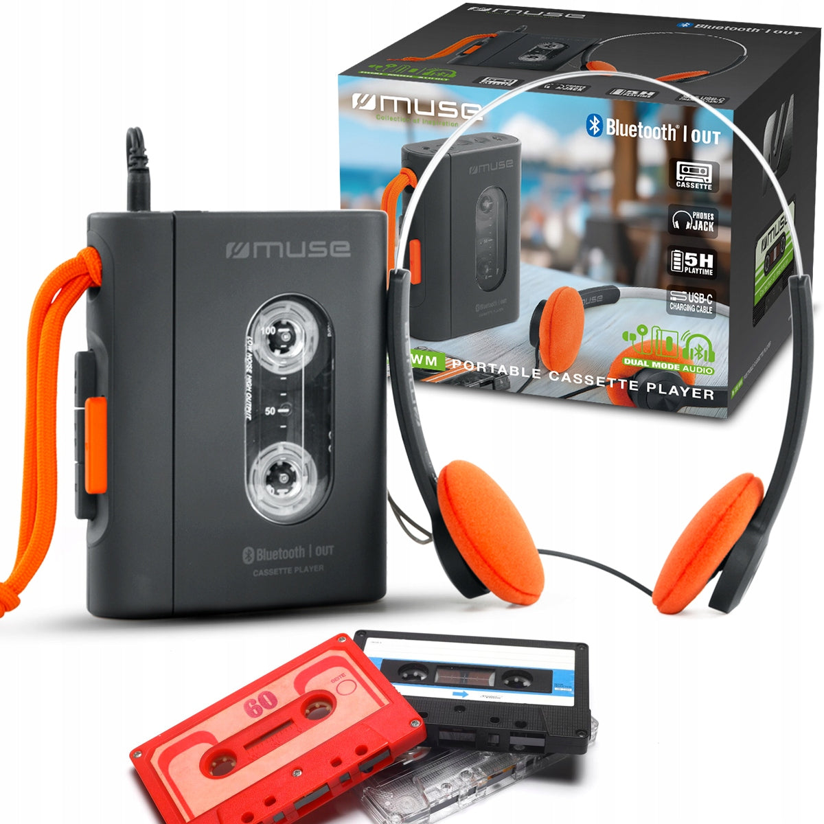 PORTABLE CASSETTE PLAYER WALKMAN MUSE M-136 WM BT OUT + OVER-EAR HEADPHONES