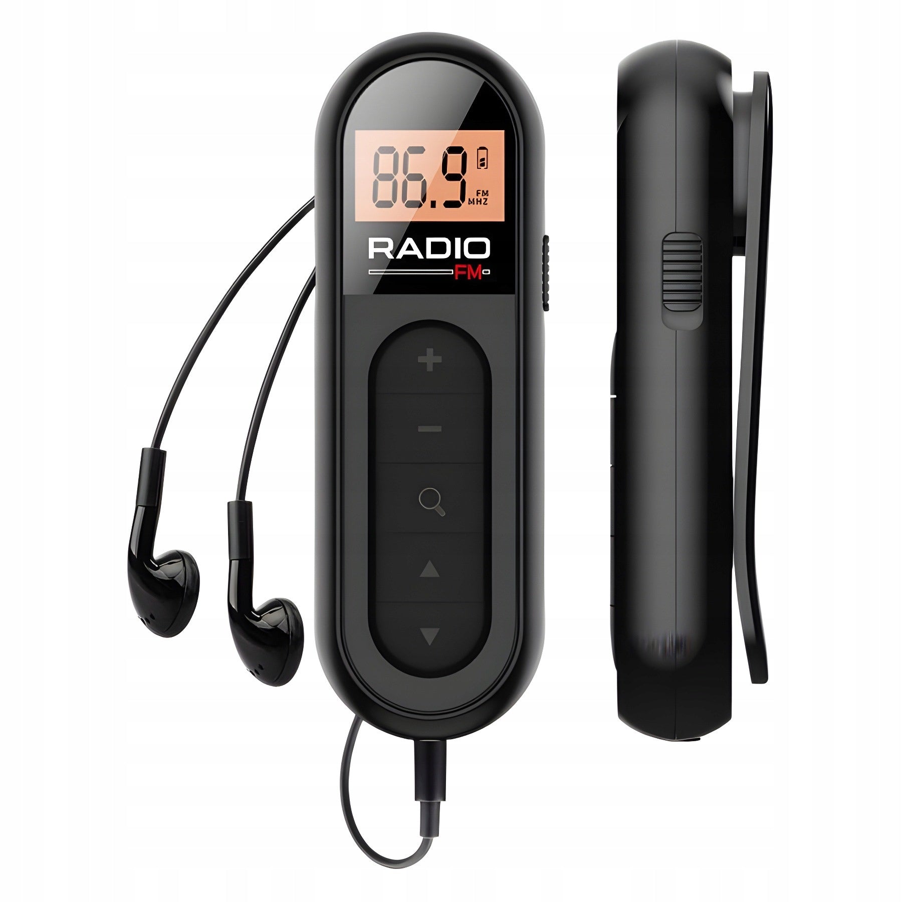 PORTABLE FM POCKET RADIO BLACK WITH HEADPHONES AND USB BATTERY Model 762647845726