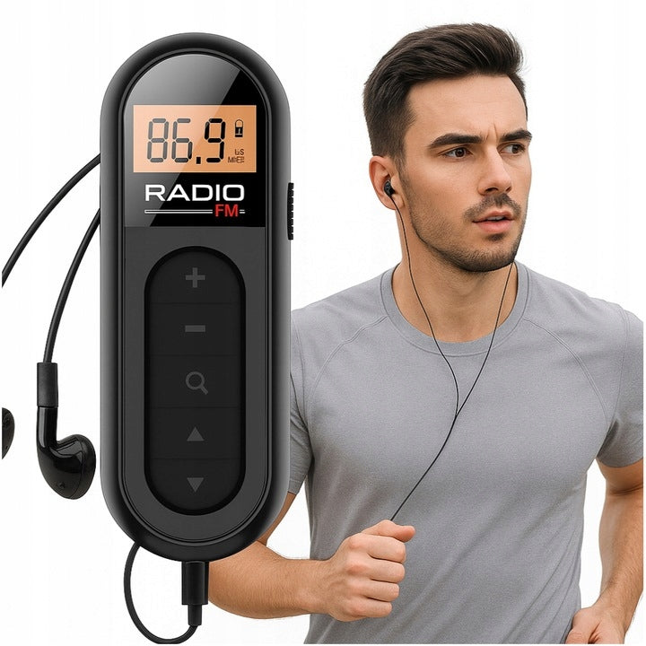 PORTABLE FM POCKET RADIO BLACK WITH HEADPHONES AND USB BATTERY