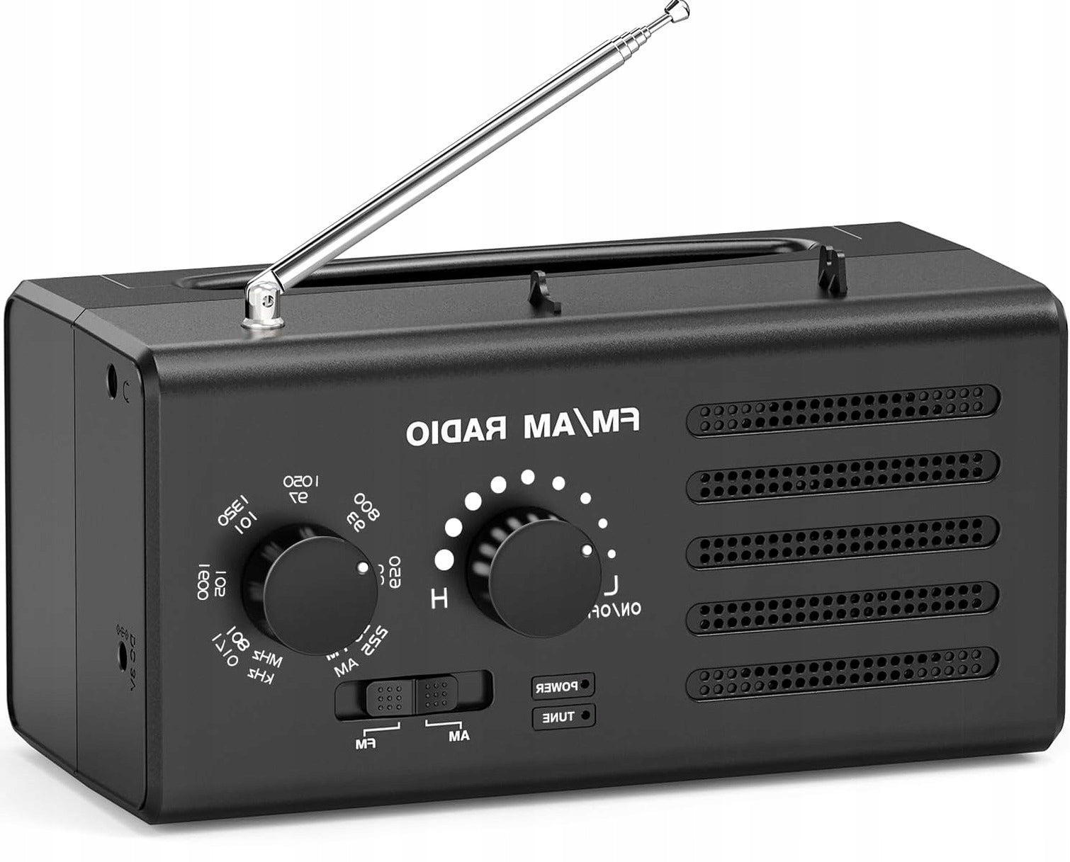 PORTABLE RADIO 5W AM FM STEREO BLACK HOLDER BATTERIES ALARM CLOCK CAMPING