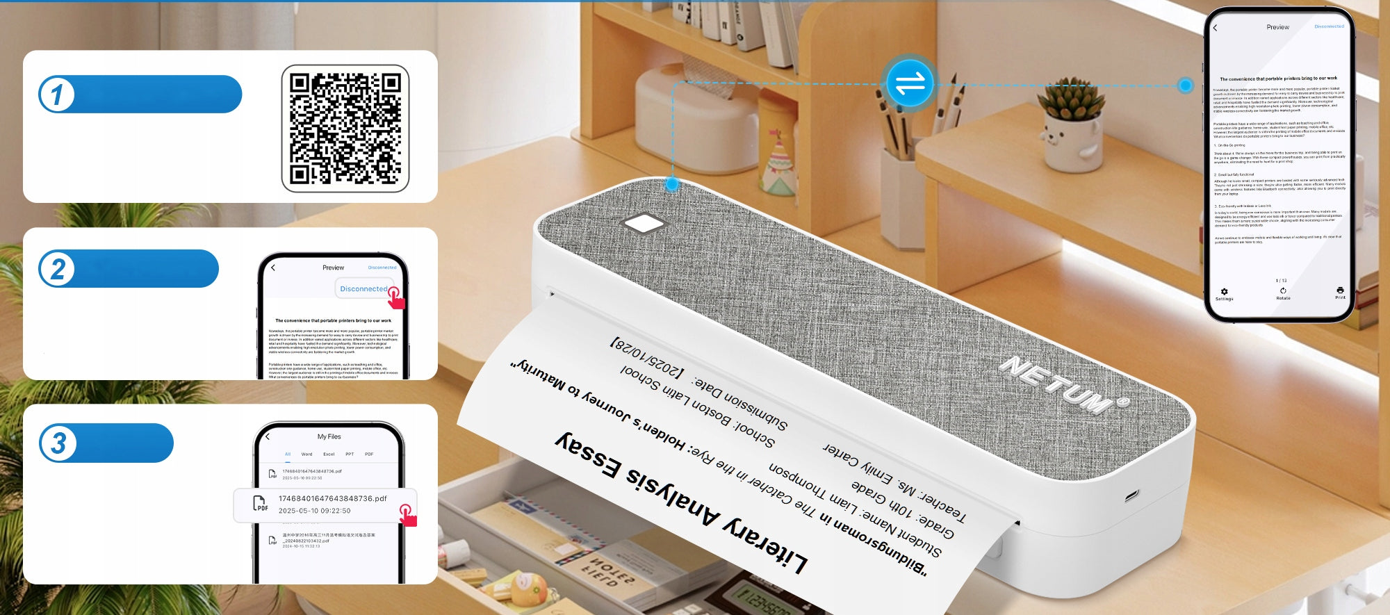 PORTABLE THERMAL PRINTER A4 NETUM GD-85 FOR DOCUMENTS, PHOTOS, LABELS Manufacturer code netum_a4_grey