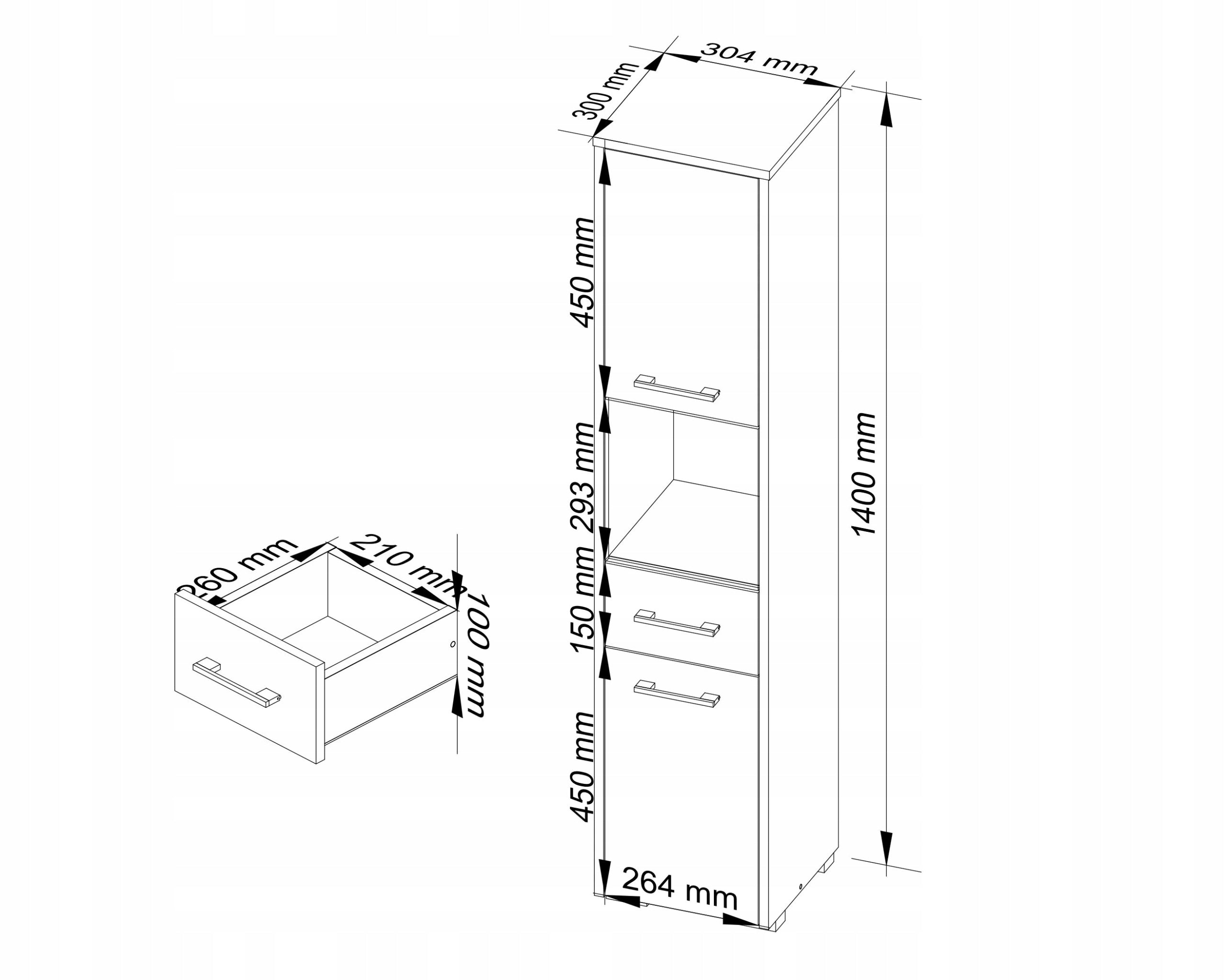 POST BATHROOM SHELVING UNIT FIN 2D 1SZ 1W PK WHITE / WHITE GLOSS Furniture depth 30 cm
