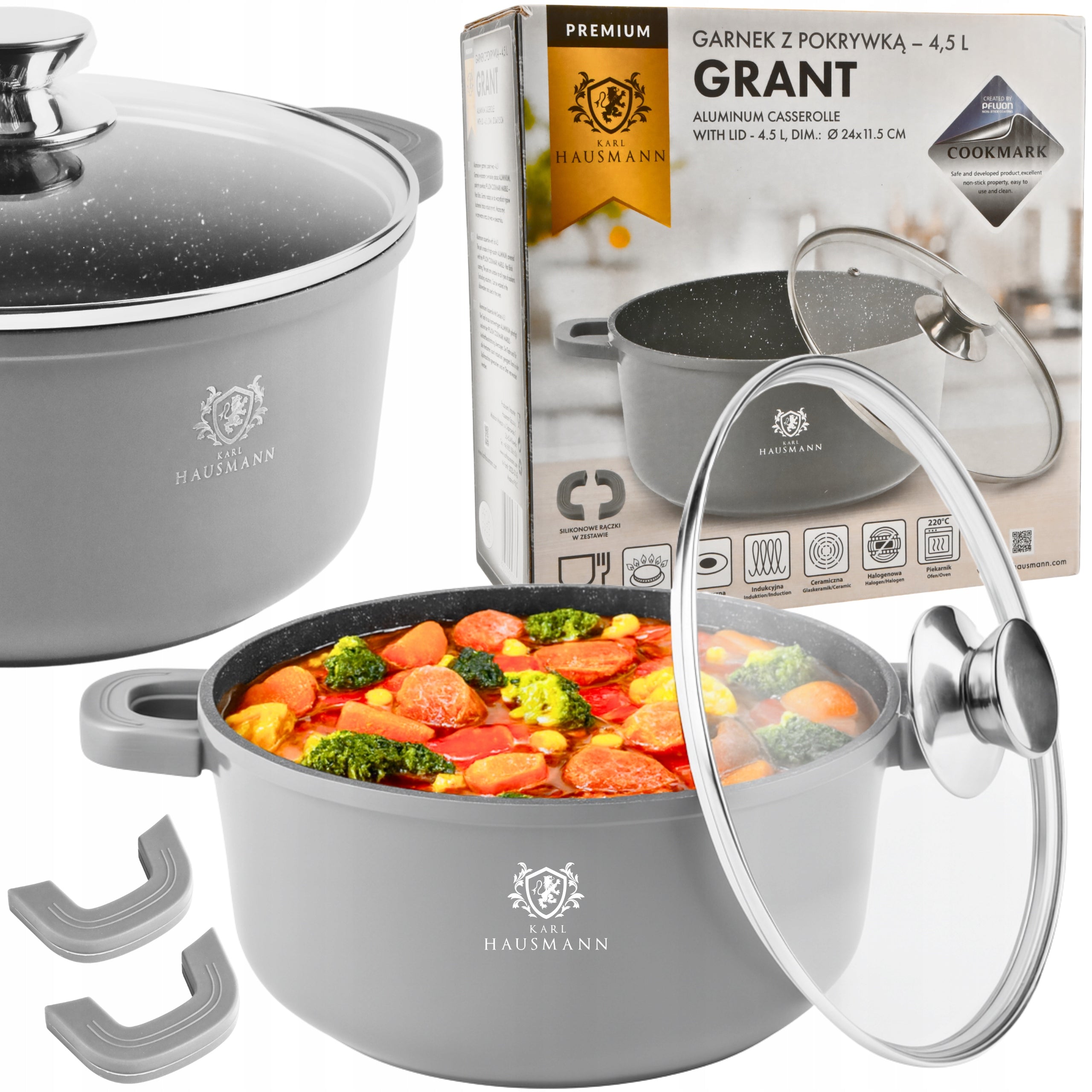 POT INDUCTION GAS GRANITE POT 4,4L 24cm COVER ROUND POT GREY