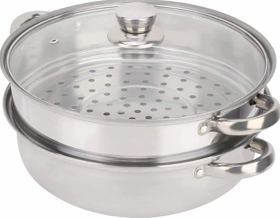 POT STEAMER GLASS LID 2-TIER BASKET STEEL VESSEL 27 CM