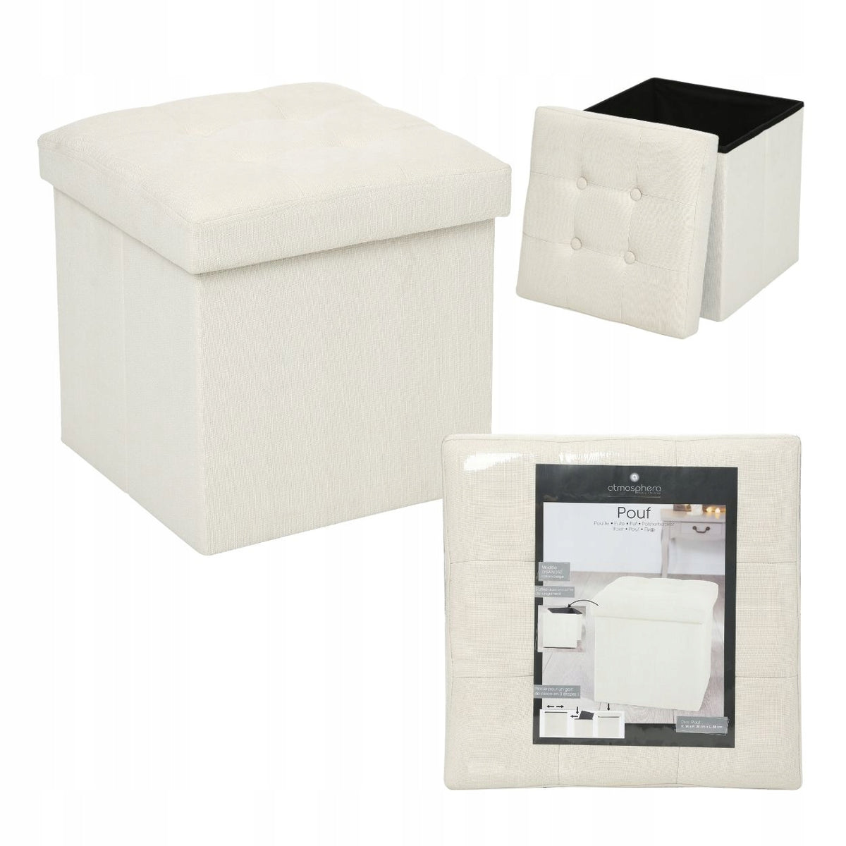 POUF QUILTED WITH STORAGE FOLDING UPHOLSTERED 38X38 CM ROOMY 2IN1 BEIGE