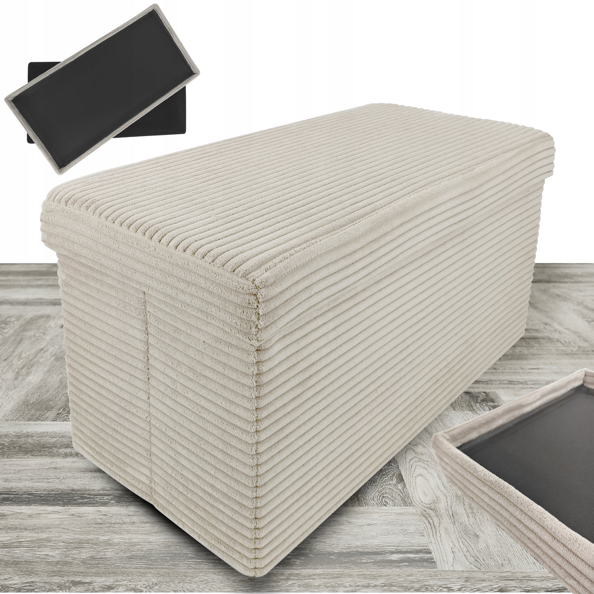 POUF STORAGE CORDUROY UPHOLSTERED OPENING ELEGANT LAMP DUO TAUPE BEIGE