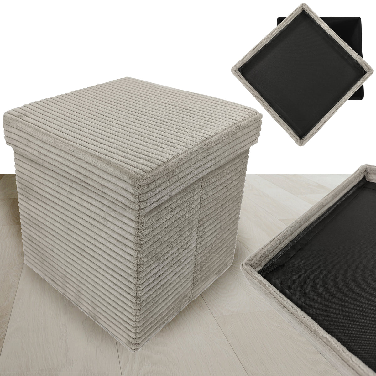 POUF WITH STORAGE SEAT UPHOLSTERED CORDUROY ELEGANT LAMPS TAUPE BEIGE