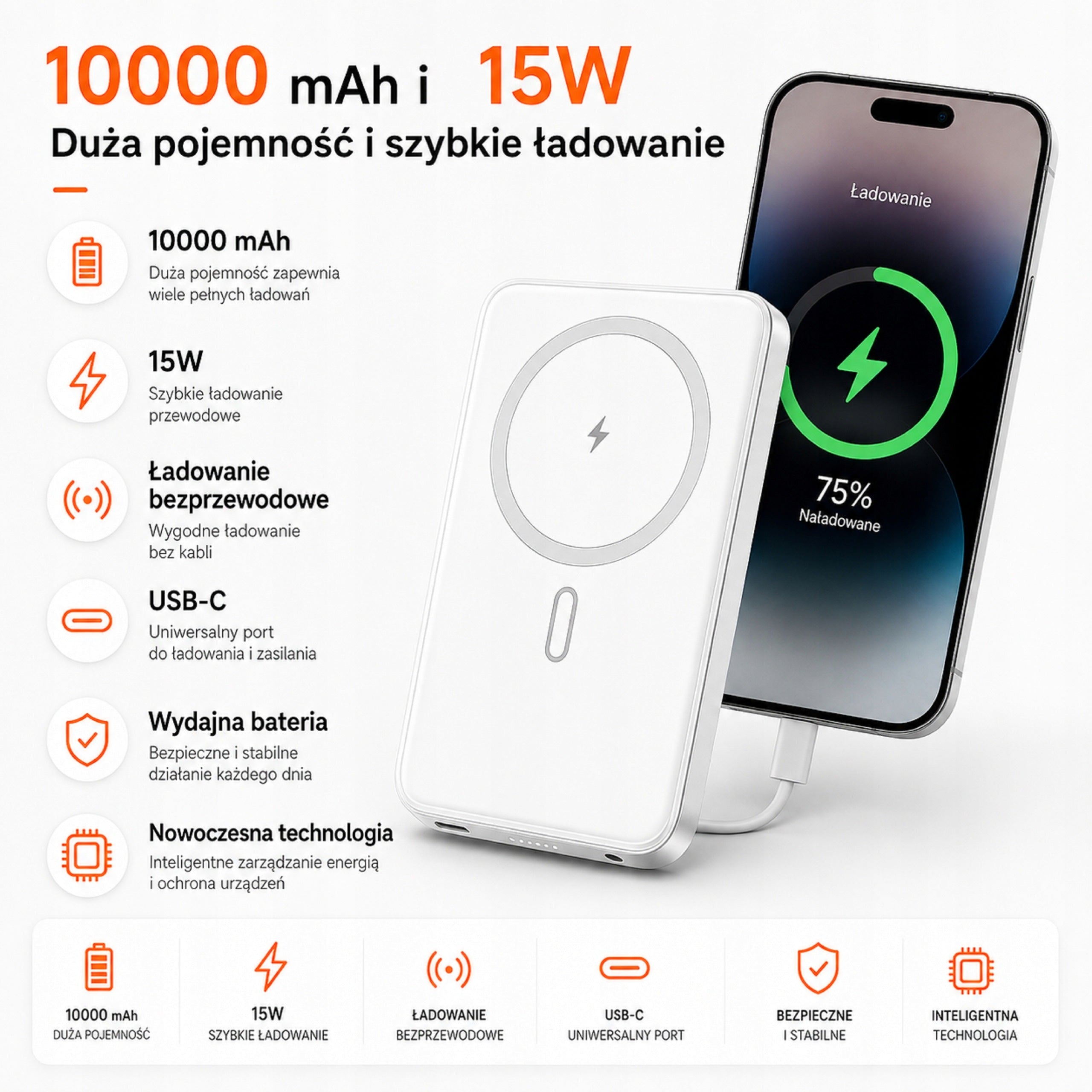 POWERBANK 10000mAh 15W MAGNETIC INDUCTION POWER BANK FOR IPHONE USB-C Manufacturer code E0028501