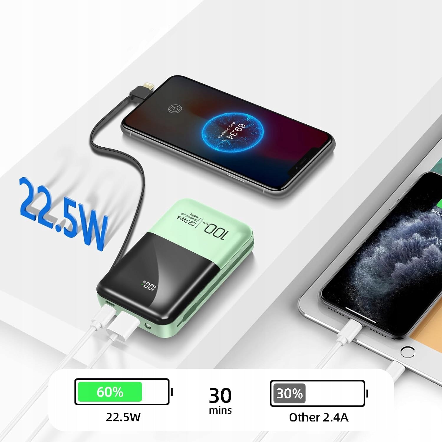 POWERBANK 10000mAh MINI POWER BANK WITH CHARGING CABLE USB-C/USB/LIGHTNING Manufacturer code 755801789486