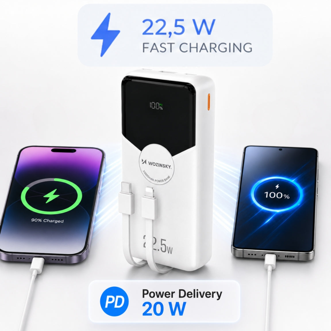 POWERBANK 20000mAh FAST CHARGING 22,5W PD20W USB-C BUILT-IN CABLES Battery capacity 20000 mAh