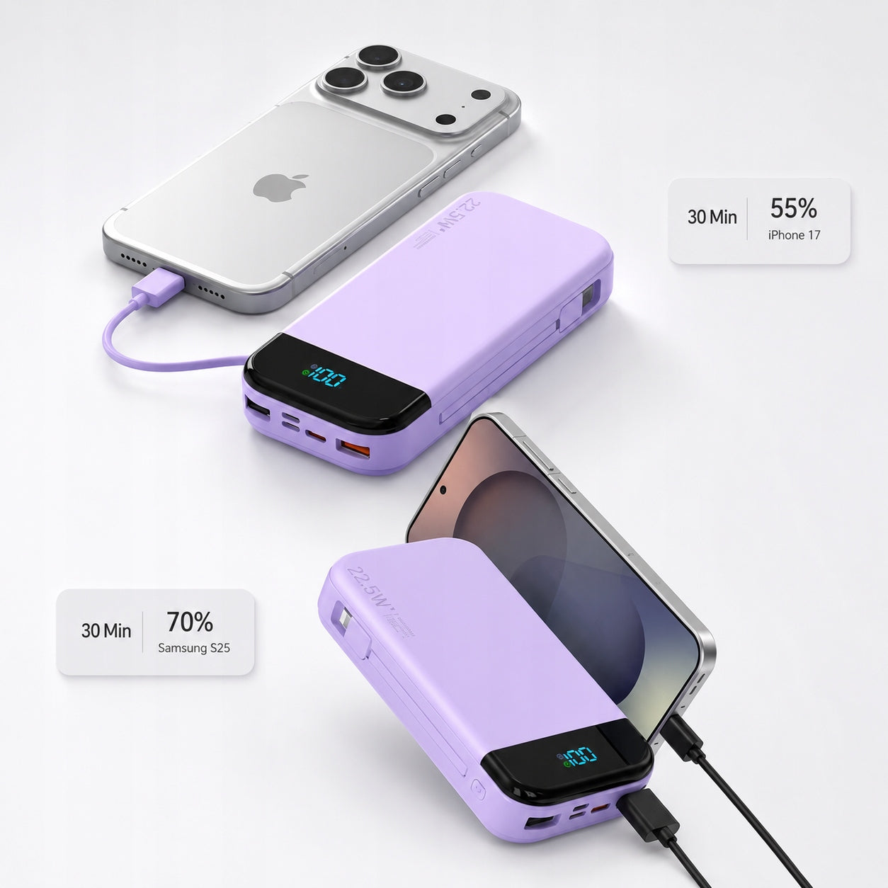 POWERBANK 30000 mAh 22,5W QC PD 2x USB USB-C Z WBUDOWANYM KABLEM USB C Brand SOUNIX