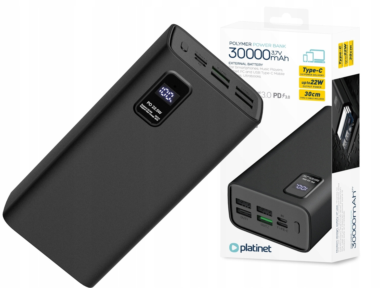 POWERBANK 30000MAH 22,5W PD QC 3.0 USB-C LED POWER BANK STRONG TRAVEL