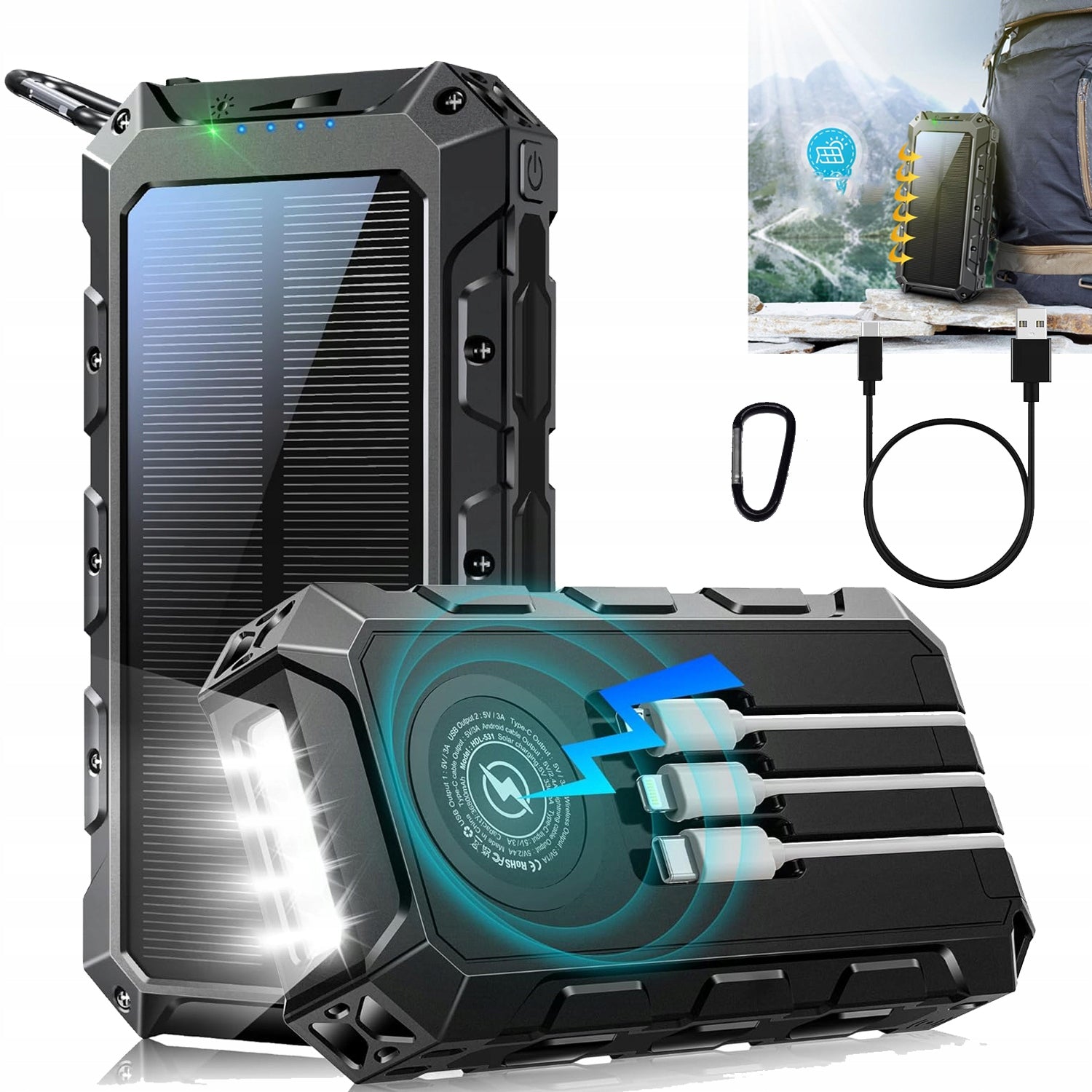 POWERBANK 30000MAH, 3XUSB, USB-C,SOLAR, INDUCTIVE, FAST LED CHARGING Packaging status original