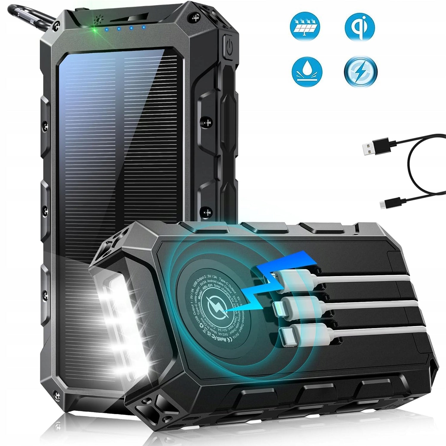 POWERBANK 30000MAH, 3XUSB, USB-C,SOLAR, INDUCTIVE, FAST LED CHARGING