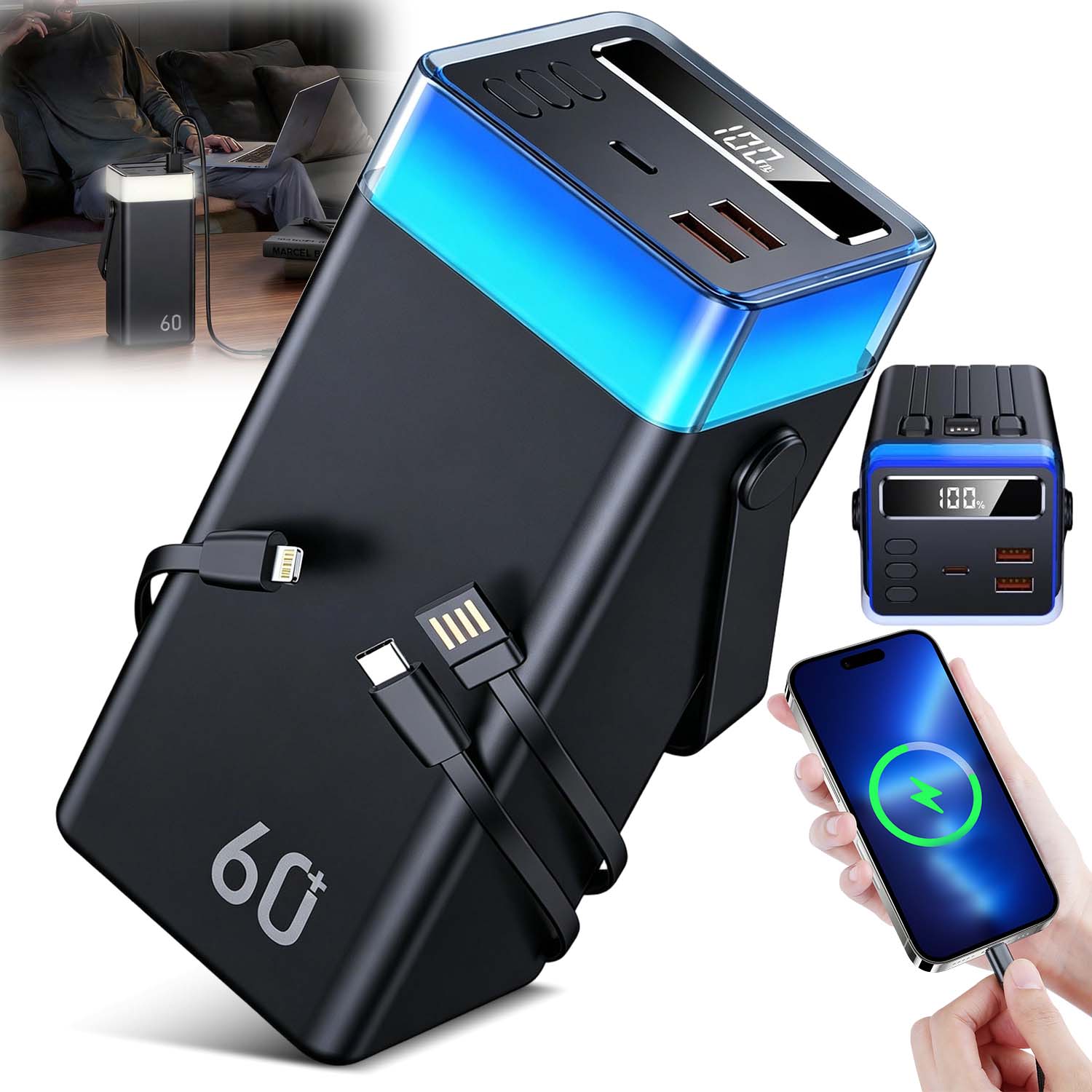 POWERBANK 60000MAH 22,5W WITH FAST CHARGING USB-C USB-A PD QC WITH CABLE